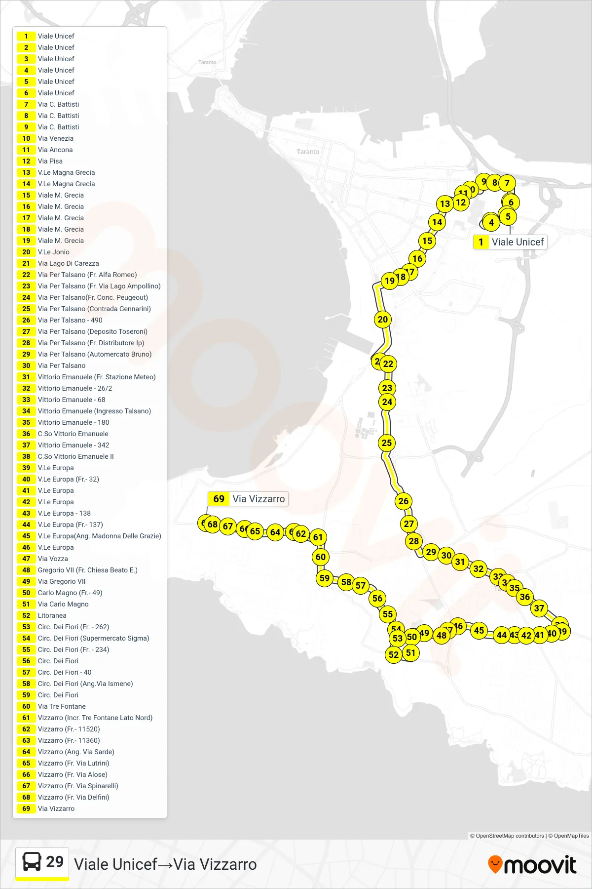 Linea 29 bus (Viale Unicef→Via Vizzarro) - Percorsi e fermate sulla mappa