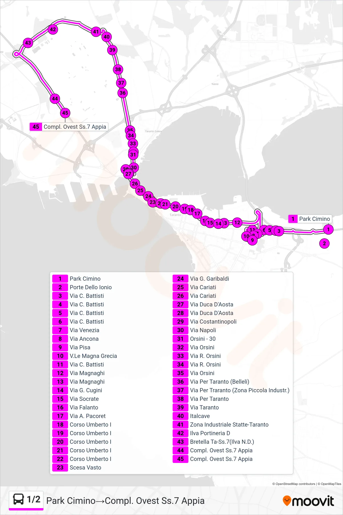 Linea 1/2  bus (Park Cimino‎→Compl. Ovest Ss.7 Appia) - Percorsi e fermate sulla mappa