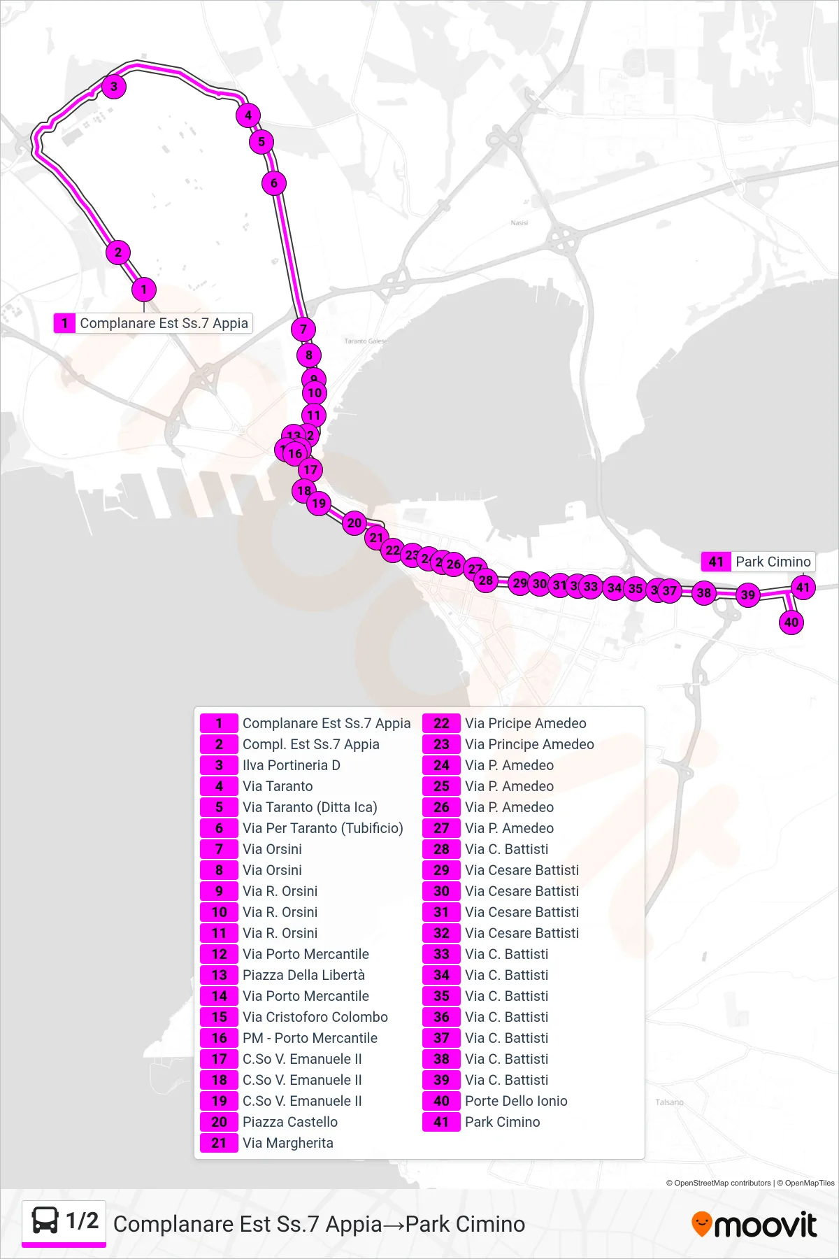 Linea 1/2 bus (Complanare Est Ss.7 Appia→Park Cimino) - Percorsi e fermate sulla mappa