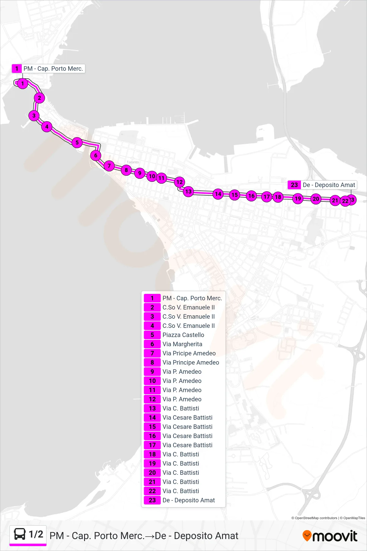 Linea 1/2 bus (PM - Cap. Porto Merc.→De - Deposito Amat) - Percorsi e fermate sulla mappa