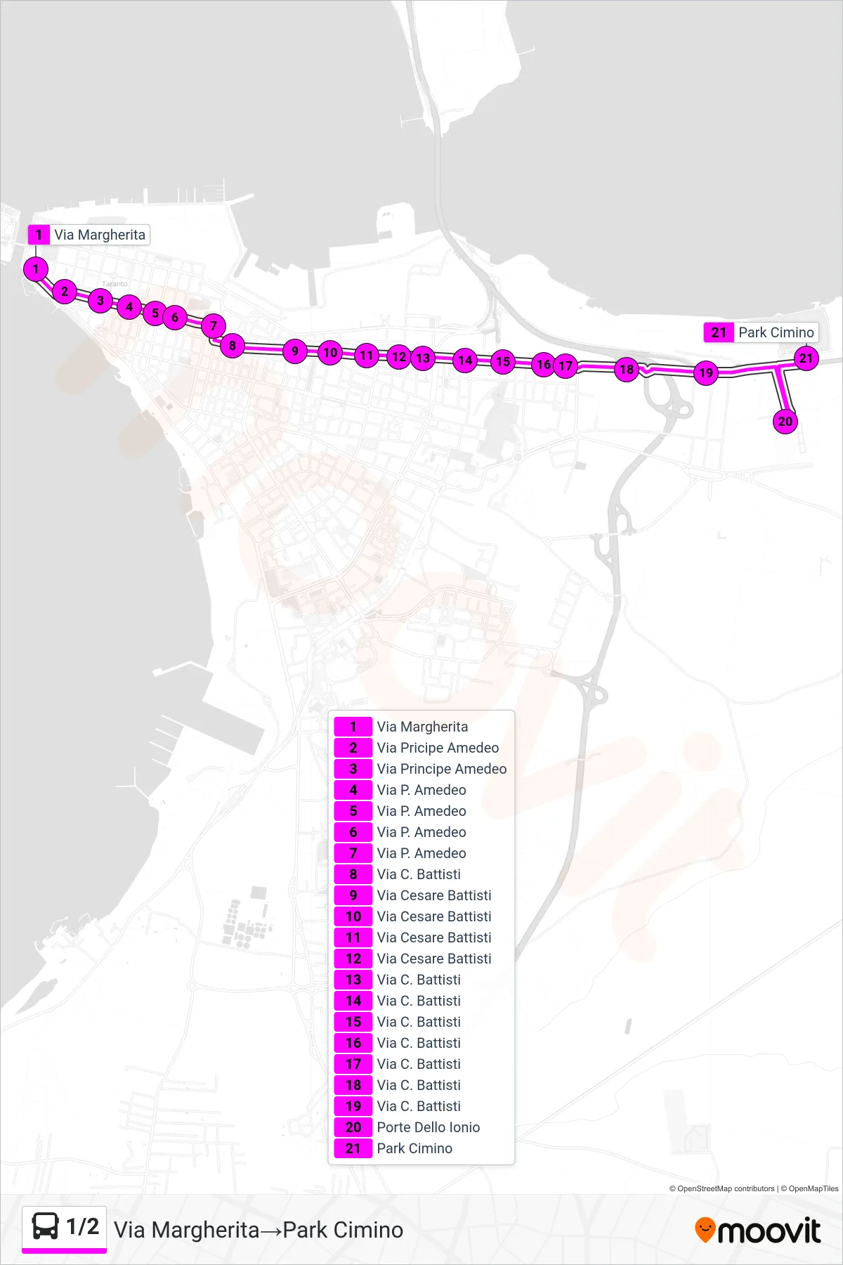 Linea 1/2 bus (Via Margherita→Park Cimino) - Percorsi e fermate sulla mappa