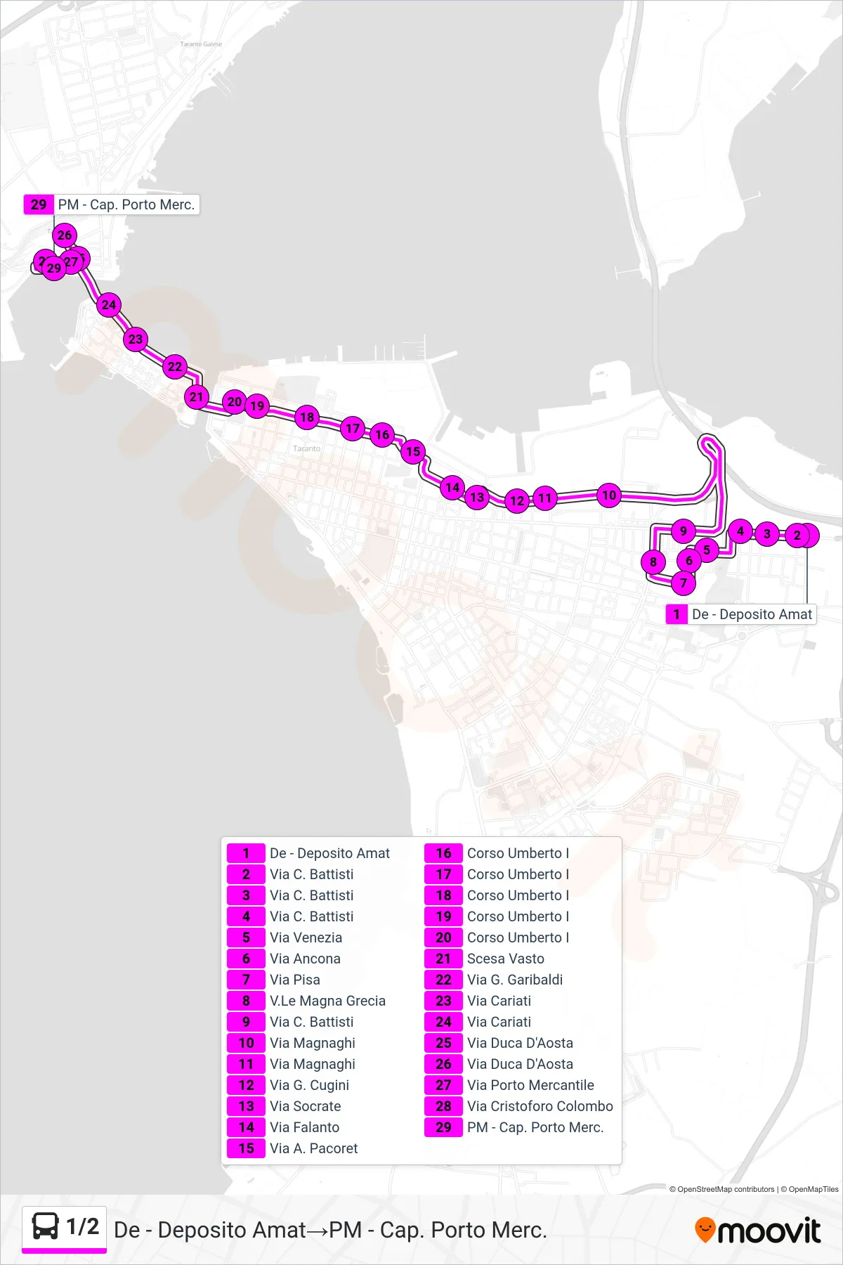 Linea 1/2 bus (De - Deposito Amat→PM - Cap. Porto Merc.) - Percorsi e fermate sulla mappa
