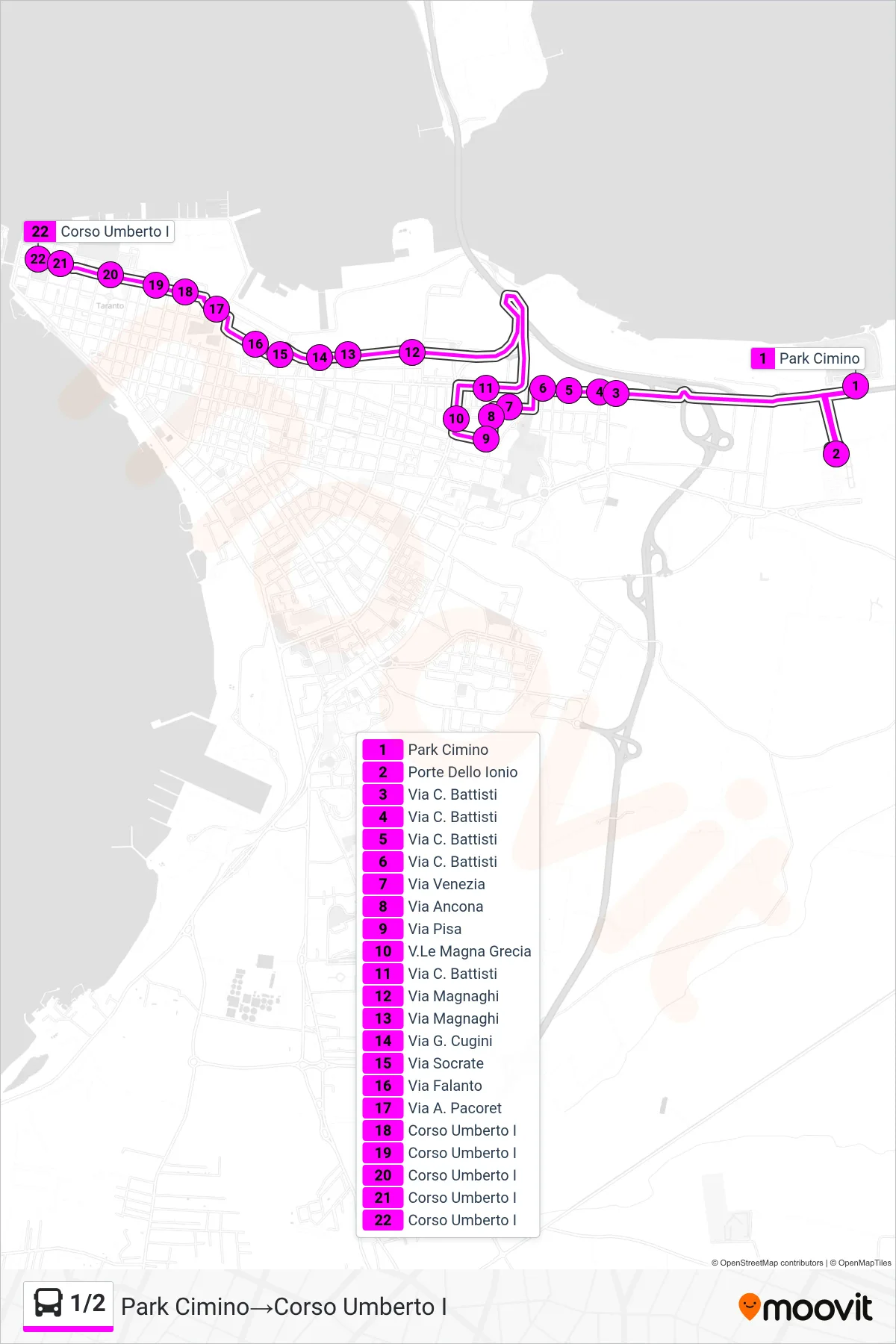Linea 1/2 bus (Park Cimino→Corso Umberto I) - Percorsi e fermate sulla mappa
