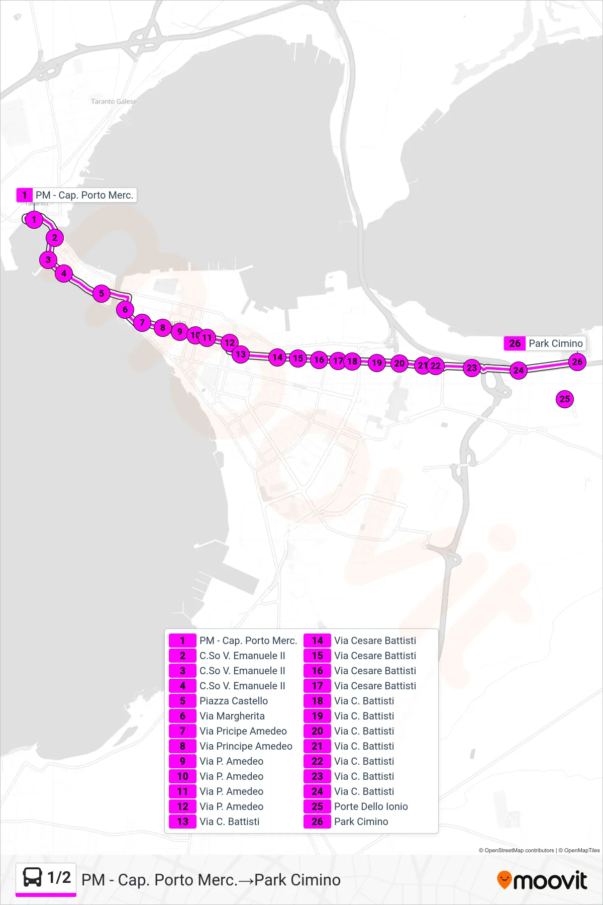 Linea 1/2  bus (PM - Cap. Porto Merc.‎→Park Cimino) - Percorsi e fermate sulla mappa
