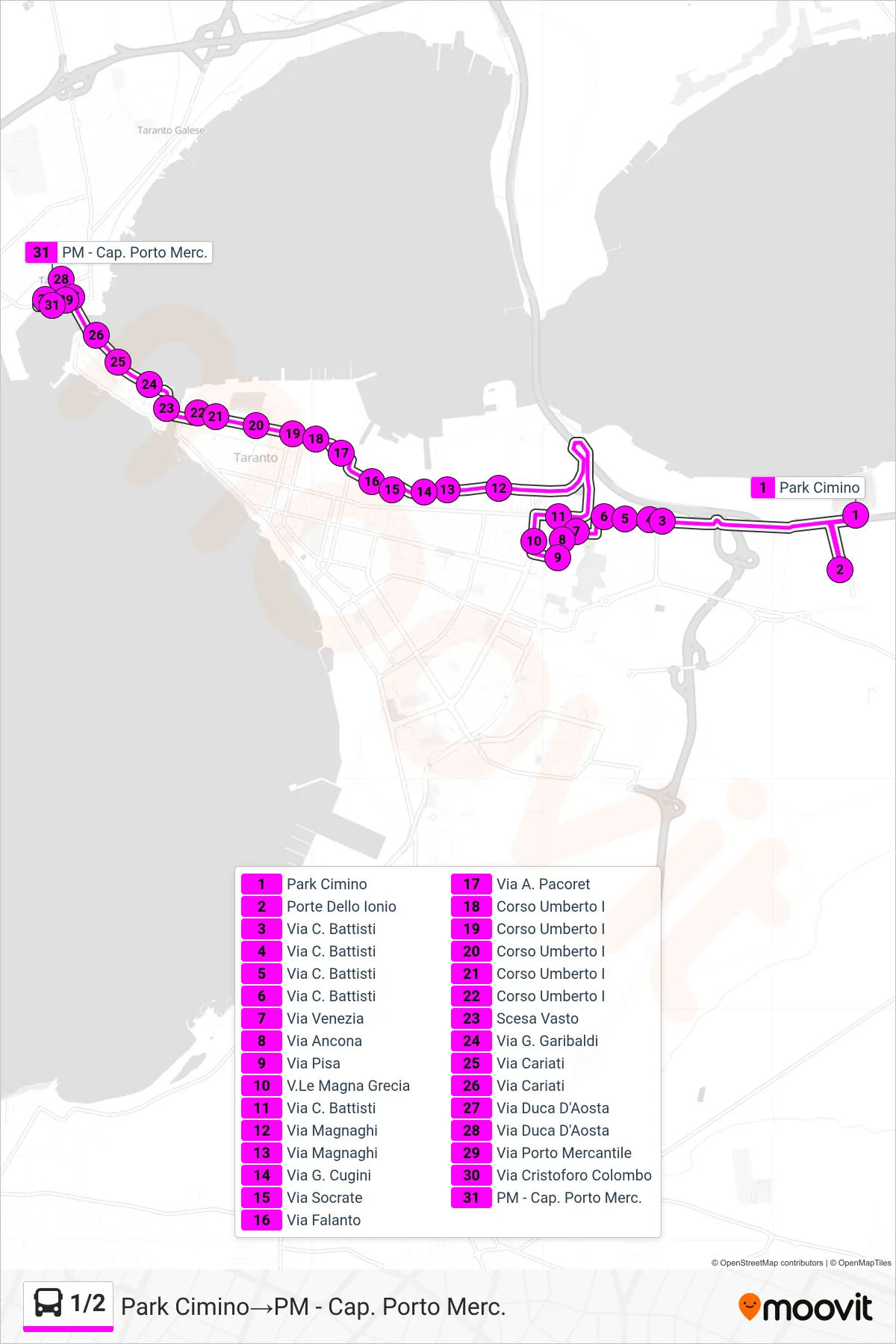 Linea 1/2 bus (Park Cimino→PM - Cap. Porto Merc.) - Percorsi e fermate sulla mappa