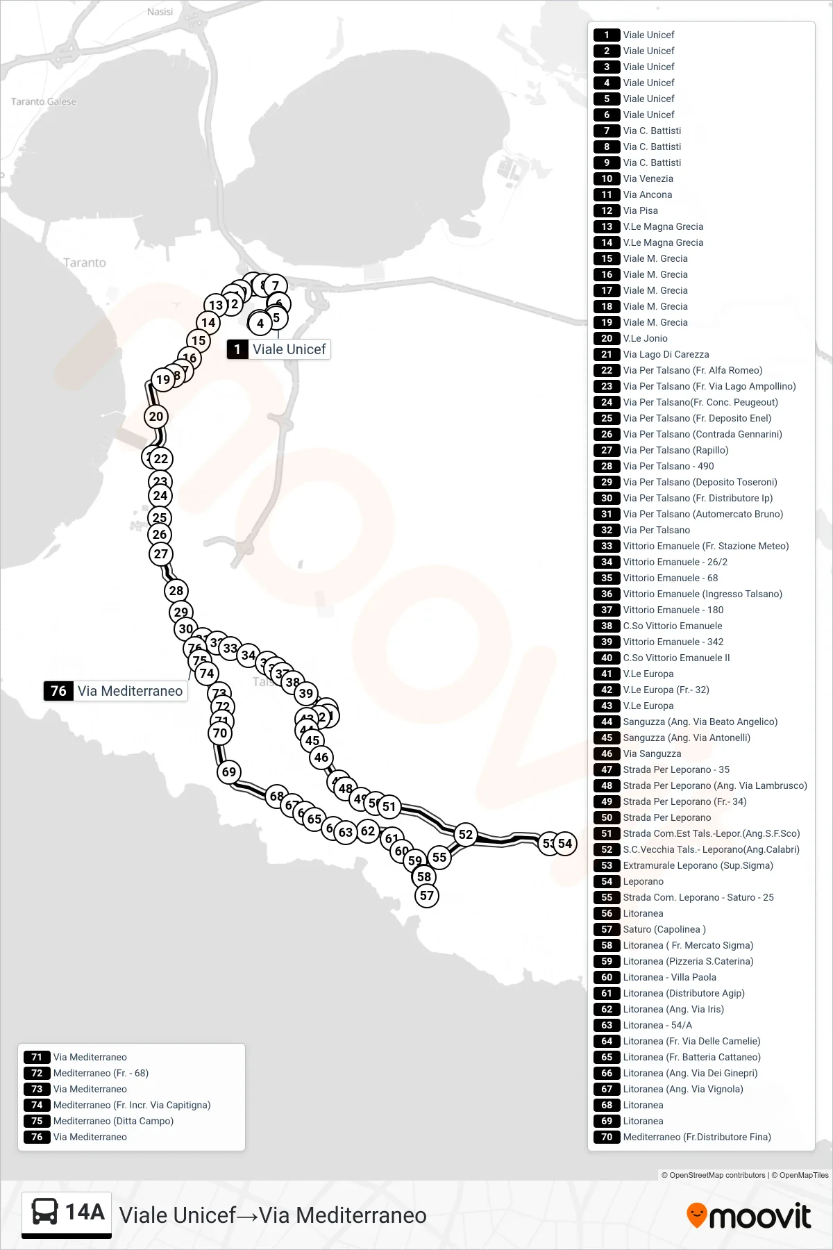 Linea 14A  bus (Viale Unicef‎→Via Mediterraneo) - Percorsi e fermate sulla mappa