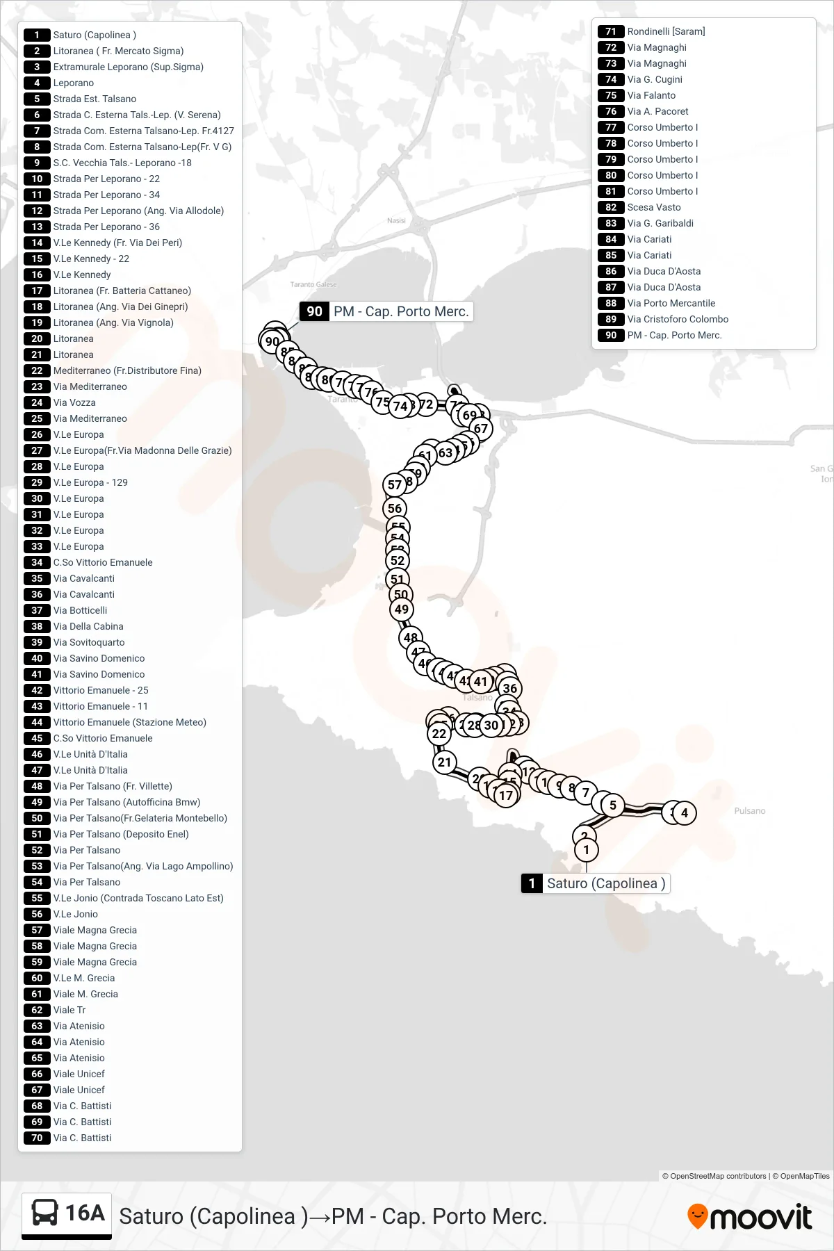 Linea 16A  bus (Saturo (Capolinea )‎→PM - Cap. Porto Merc.) - Percorsi e fermate sulla mappa