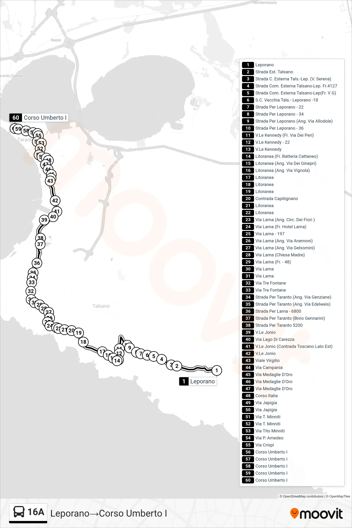 Linea 16A bus (Leporano→Corso Umberto I) - Percorsi e fermate sulla mappa