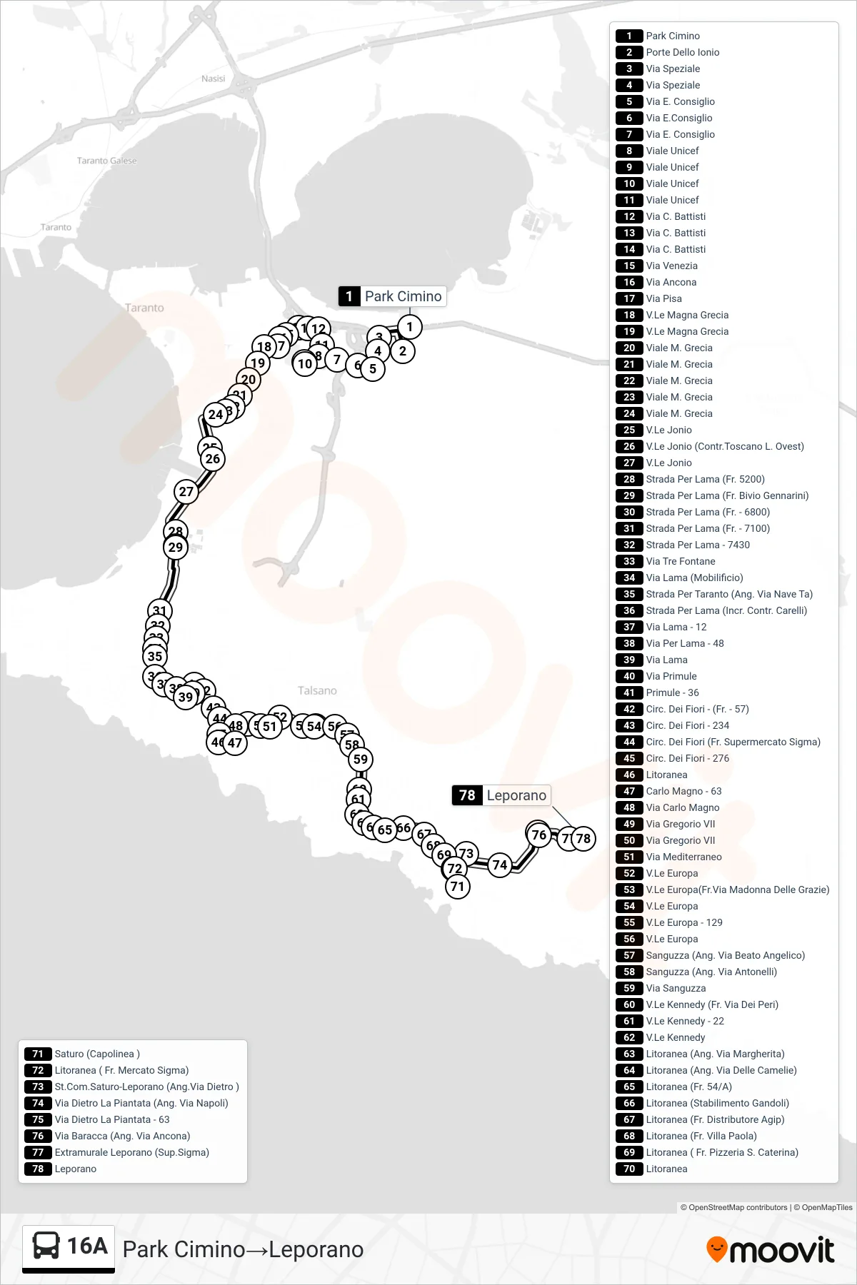 Linea 16A  bus (Park Cimino‎→Leporano) - Percorsi e fermate sulla mappa