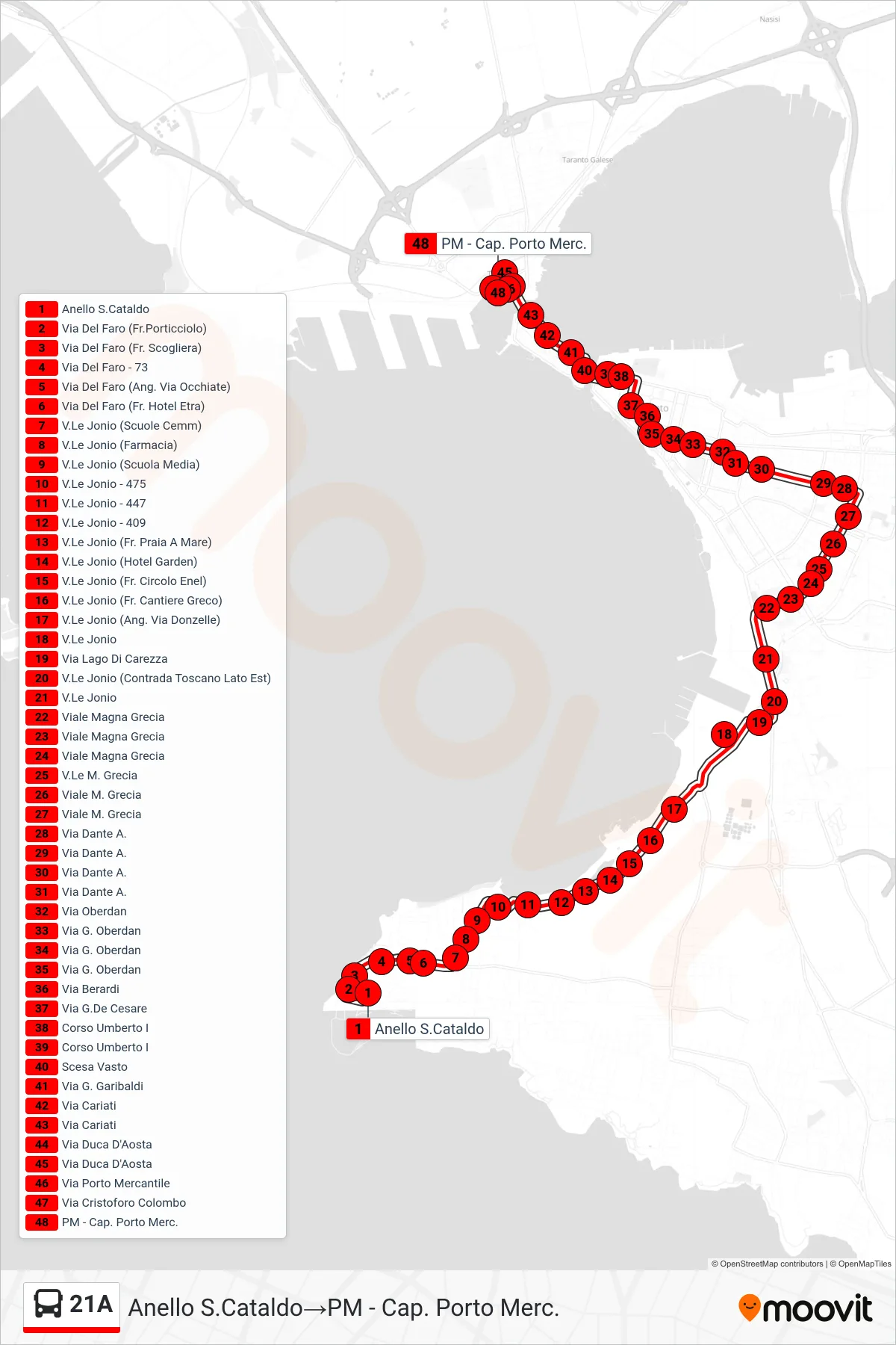 Linea 21A bus (Anello S.Cataldo→PM - Cap. Porto Merc.) - Percorsi e fermate sulla mappa