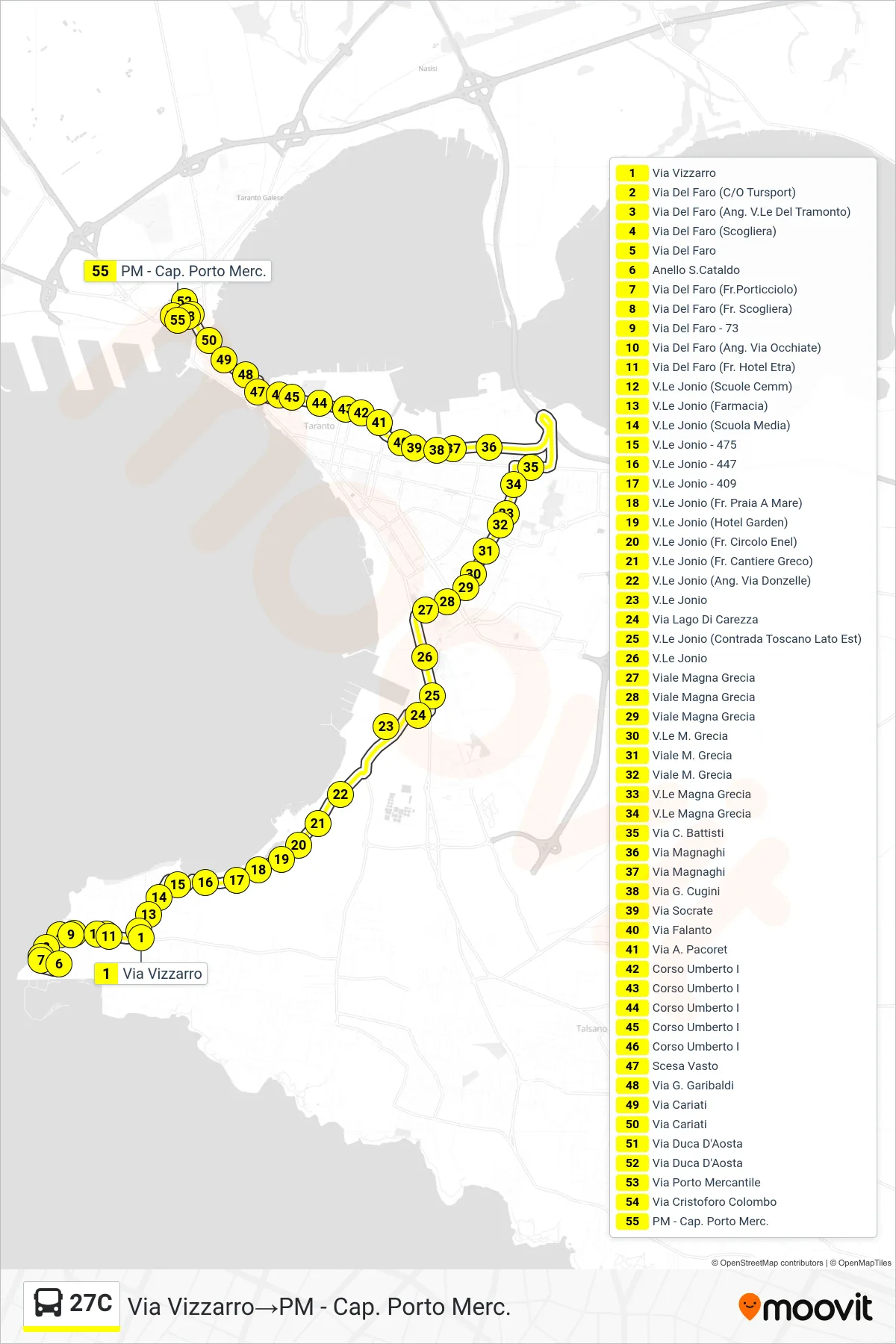 Linea 27C  bus (Via Vizzarro‎→PM - Cap. Porto Merc.) - Percorsi e fermate sulla mappa