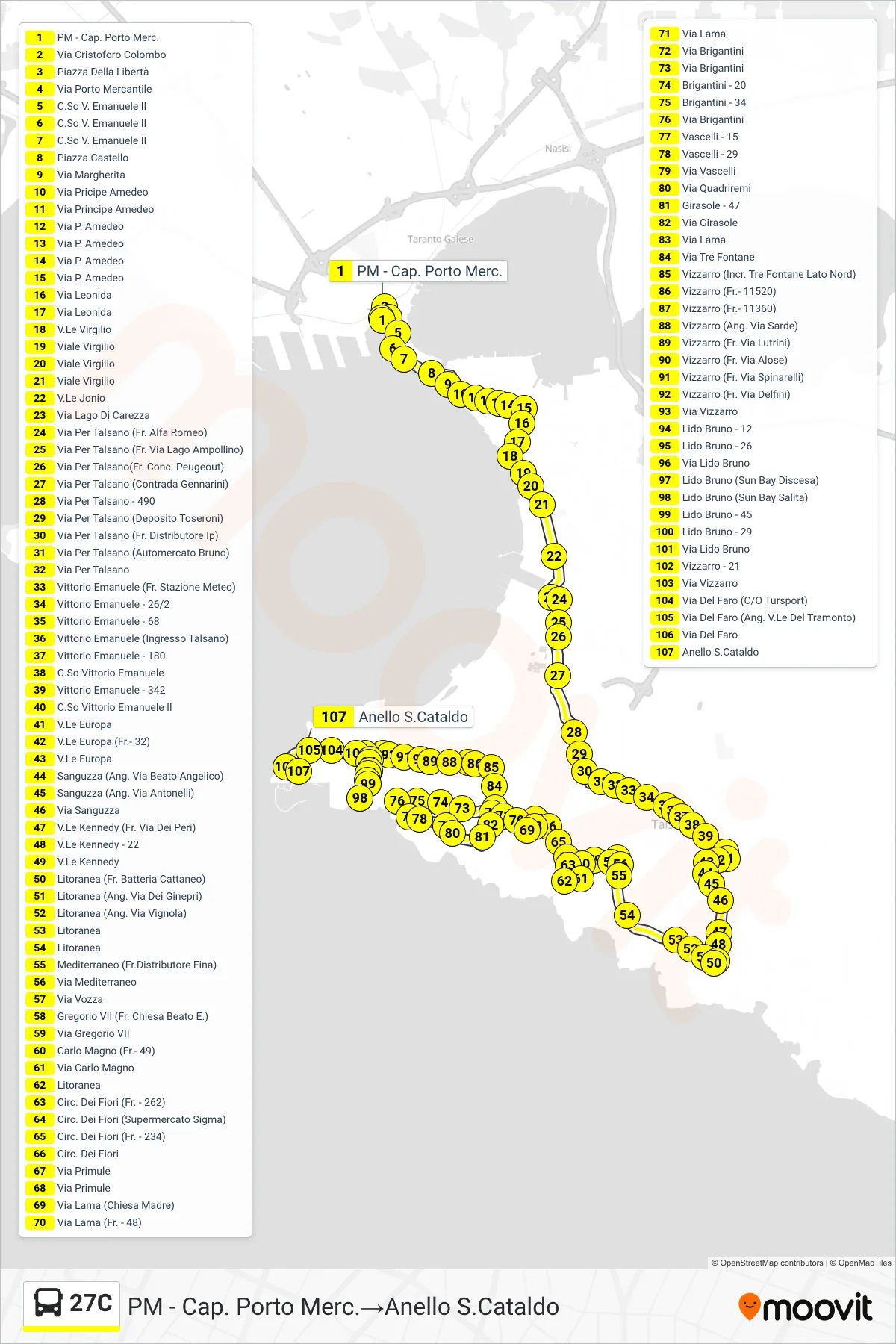 Linea 27C bus (PM - Cap. Porto Merc.→Anello S.Cataldo) - Percorsi e fermate sulla mappa