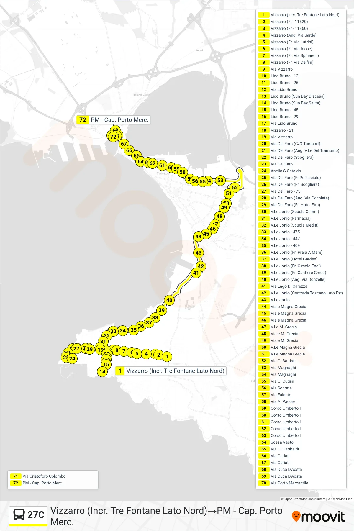 Linea 27C  bus (Vizzarro (Incr. Tre Fontane Lato Nord)‎→PM - Cap. Porto Merc.) - Percorsi e fermate sulla mappa