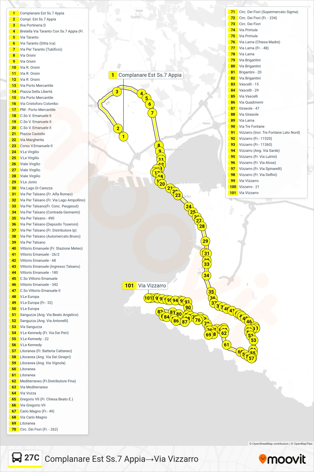 Linea 27C  bus (Complanare Est  Ss.7 Appia‎→Via Vizzarro) - Percorsi e fermate sulla mappa