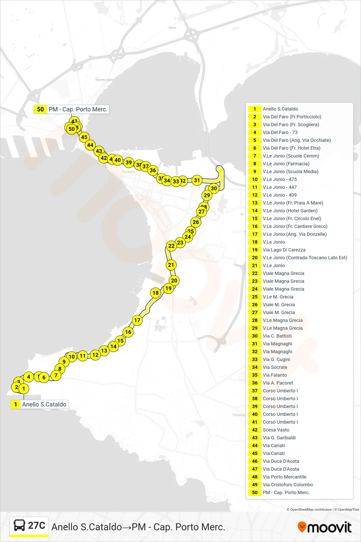 Linea 27C  bus (Anello S.Cataldo‎→PM - Cap. Porto Merc.) - Percorsi e fermate sulla mappa