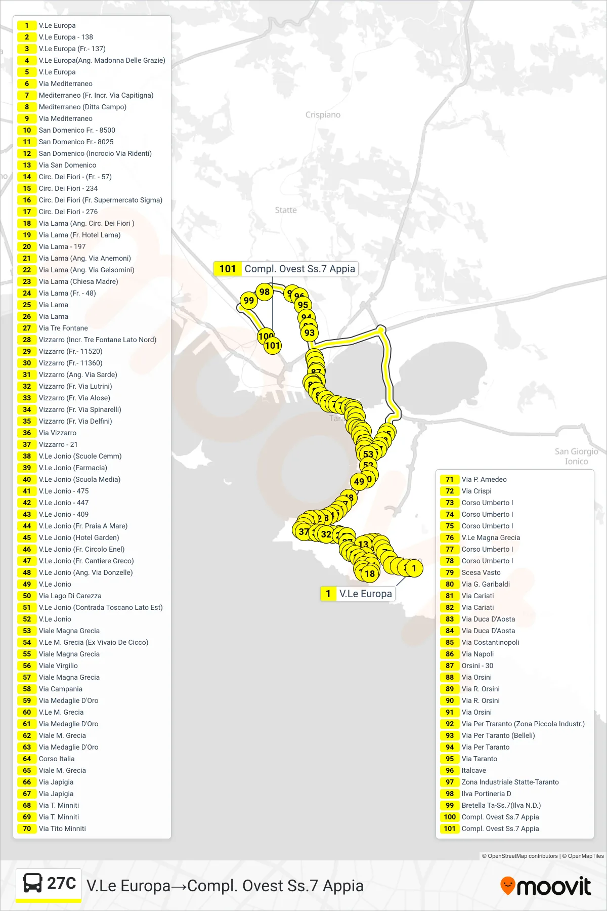 Linea 27C  bus (V.Le Europa‎→Compl. Ovest Ss.7 Appia) - Percorsi e fermate sulla mappa