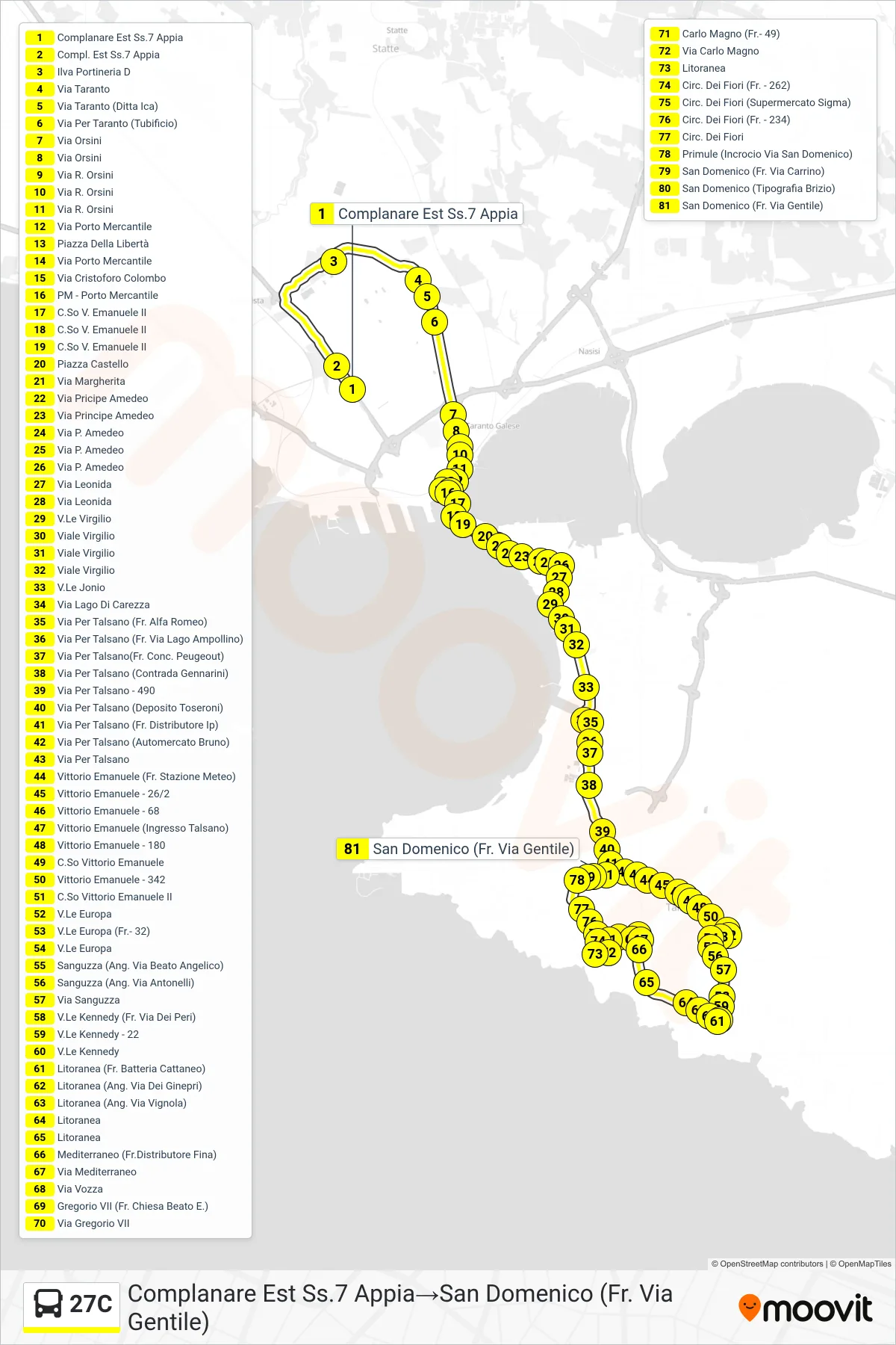Linea 27C bus (Complanare Est Ss.7 Appia→San Domenico (Fr. Via Gentile)) - Percorsi e fermate sulla mappa