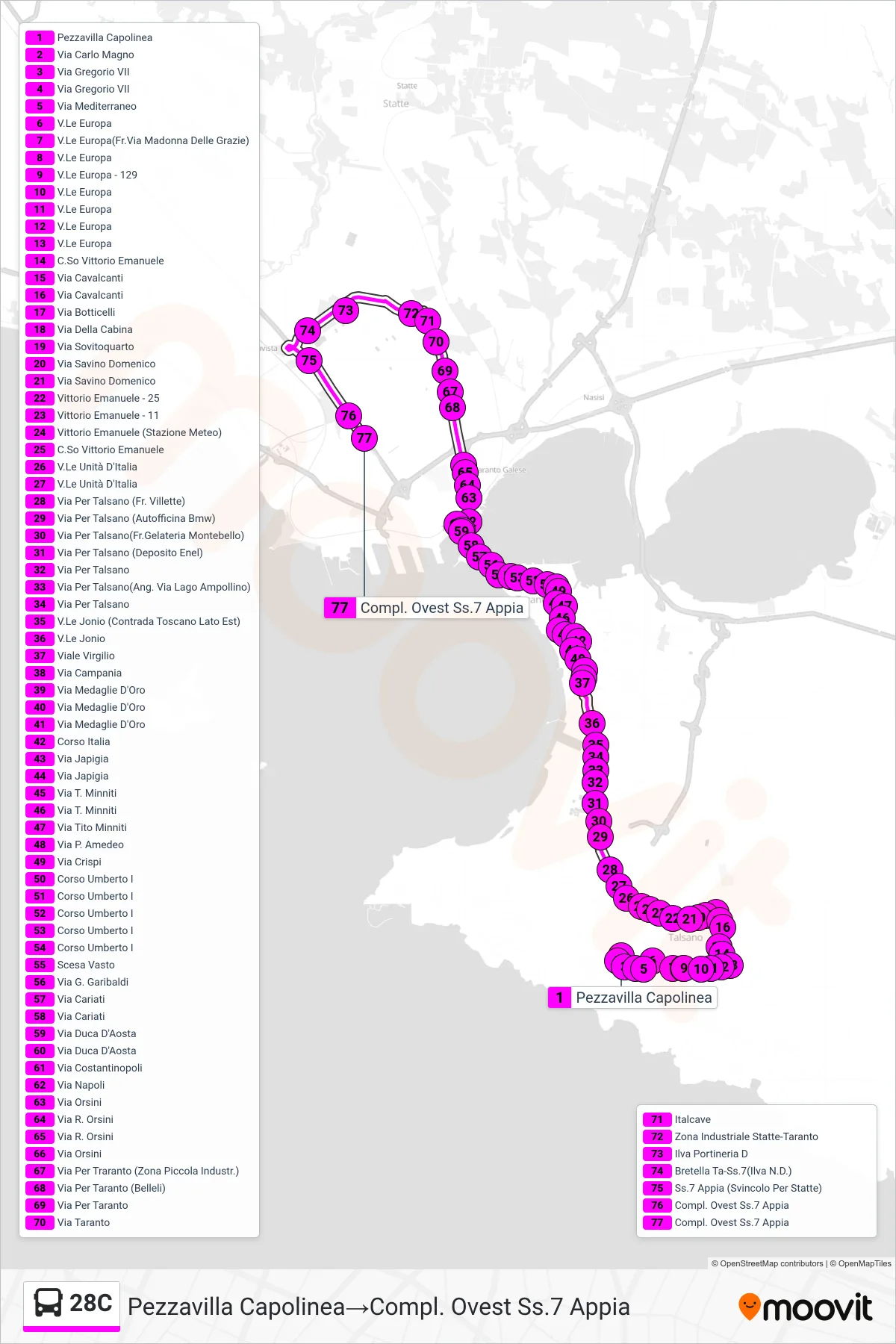 Linea 28C bus (Pezzavilla Capolinea→Compl. Ovest Ss.7 Appia) - Percorsi e fermate sulla mappa