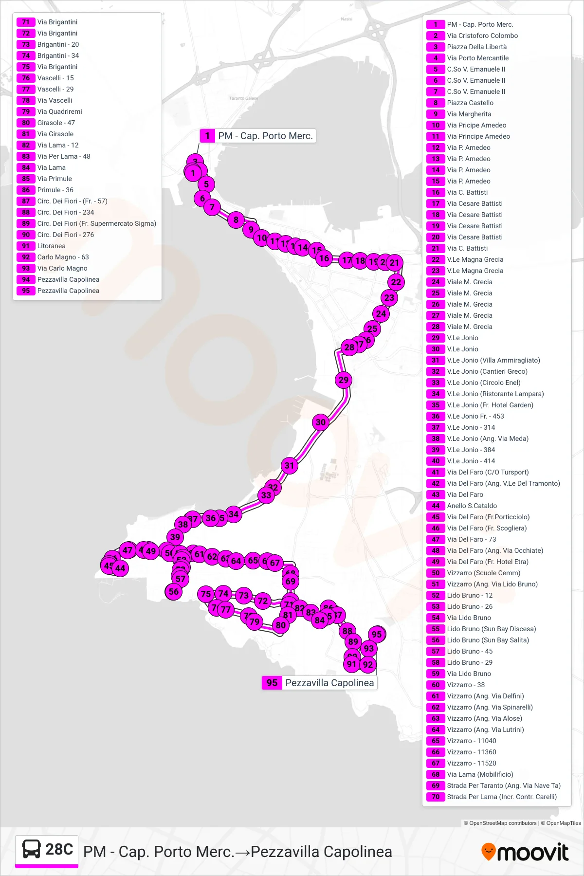 Linea 28C bus (PM - Cap. Porto Merc.→Pezzavilla Capolinea) - Percorsi e fermate sulla mappa