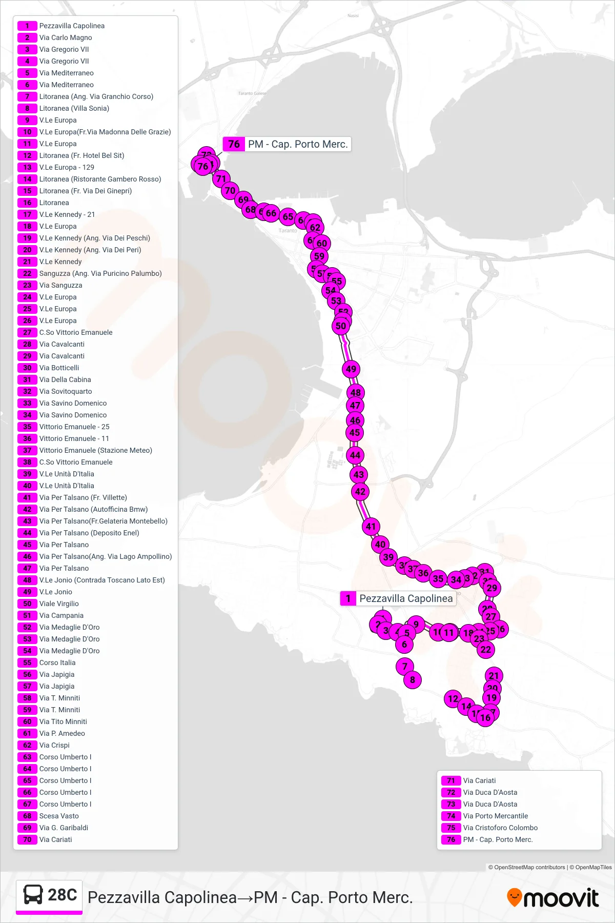 Linea 28C  bus (Pezzavilla Capolinea‎→PM - Cap. Porto Merc.) - Percorsi e fermate sulla mappa