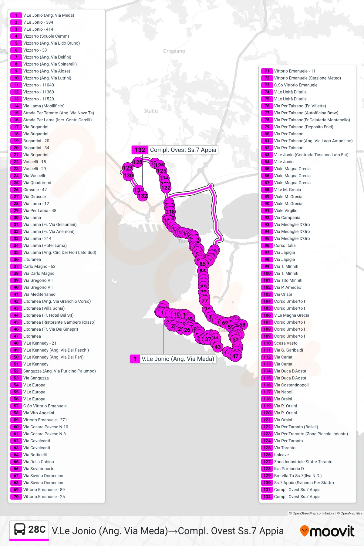 Linea 28C  bus (V.Le Jonio (Ang. Via Meda)‎→Compl. Ovest Ss.7 Appia) - Percorsi e fermate sulla mappa