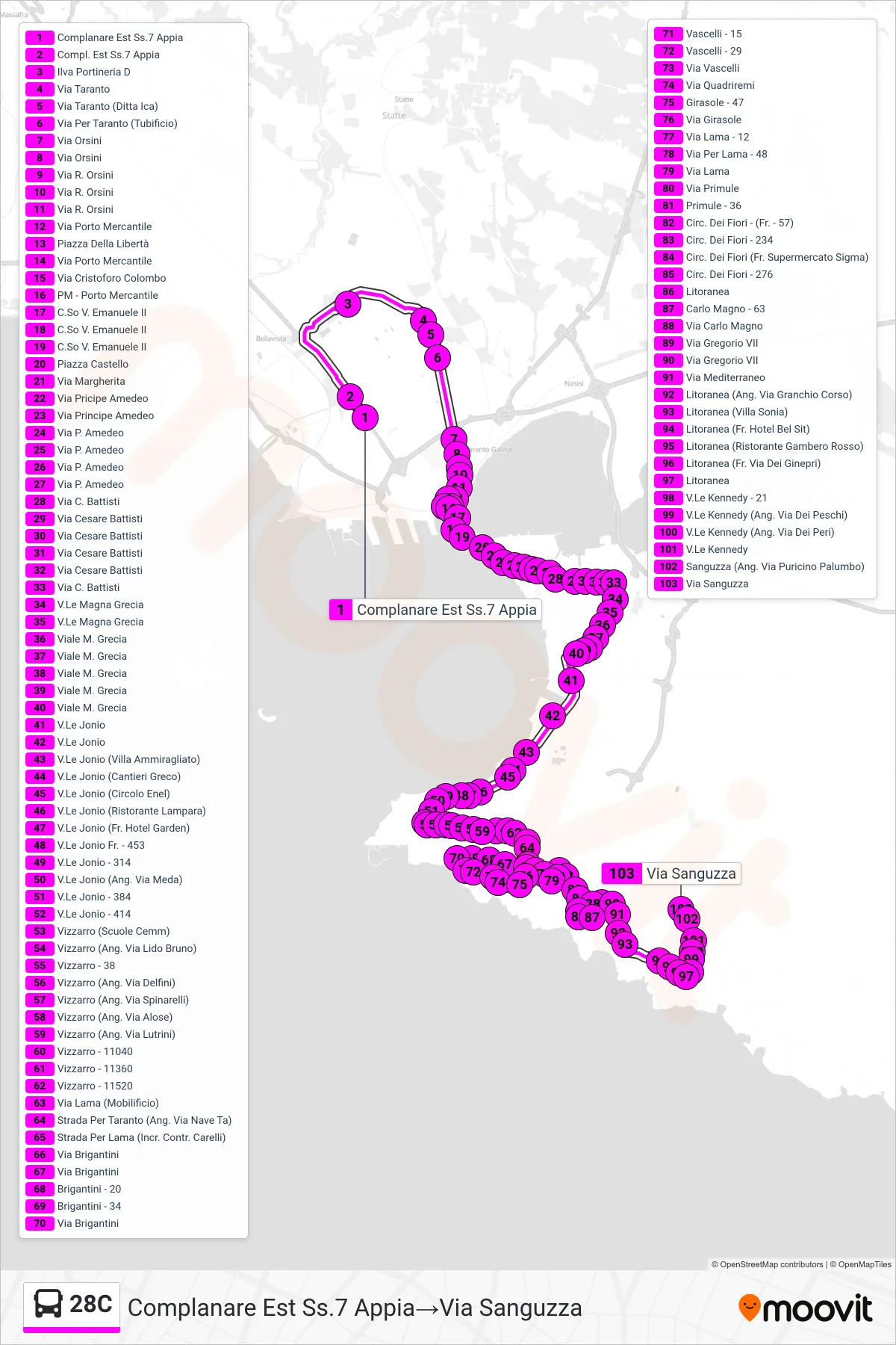 Linea 28C bus (Complanare Est Ss.7 Appia→Via Sanguzza) - Percorsi e fermate sulla mappa