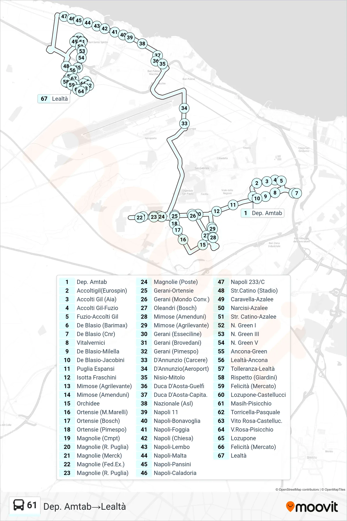 Linea 61 bus (Dep. Amtab→Lealtà) - Percorsi e fermate sulla mappa