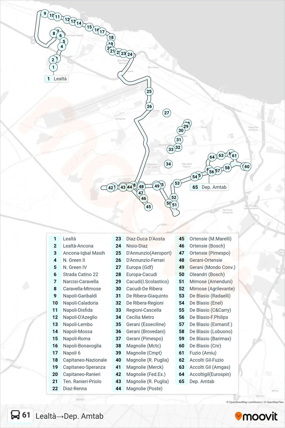 Linea 61  bus (Lealtà‎→Dep. Amtab) - Percorsi e fermate sulla mappa