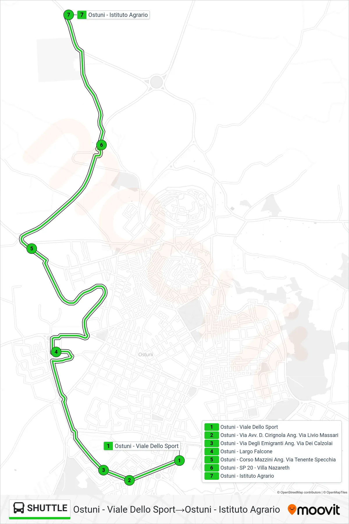 Linea SHUTTLE bus (Ostuni - Viale Dello Sport→Ostuni - Istituto Agrario) - Percorsi e fermate sulla mappa