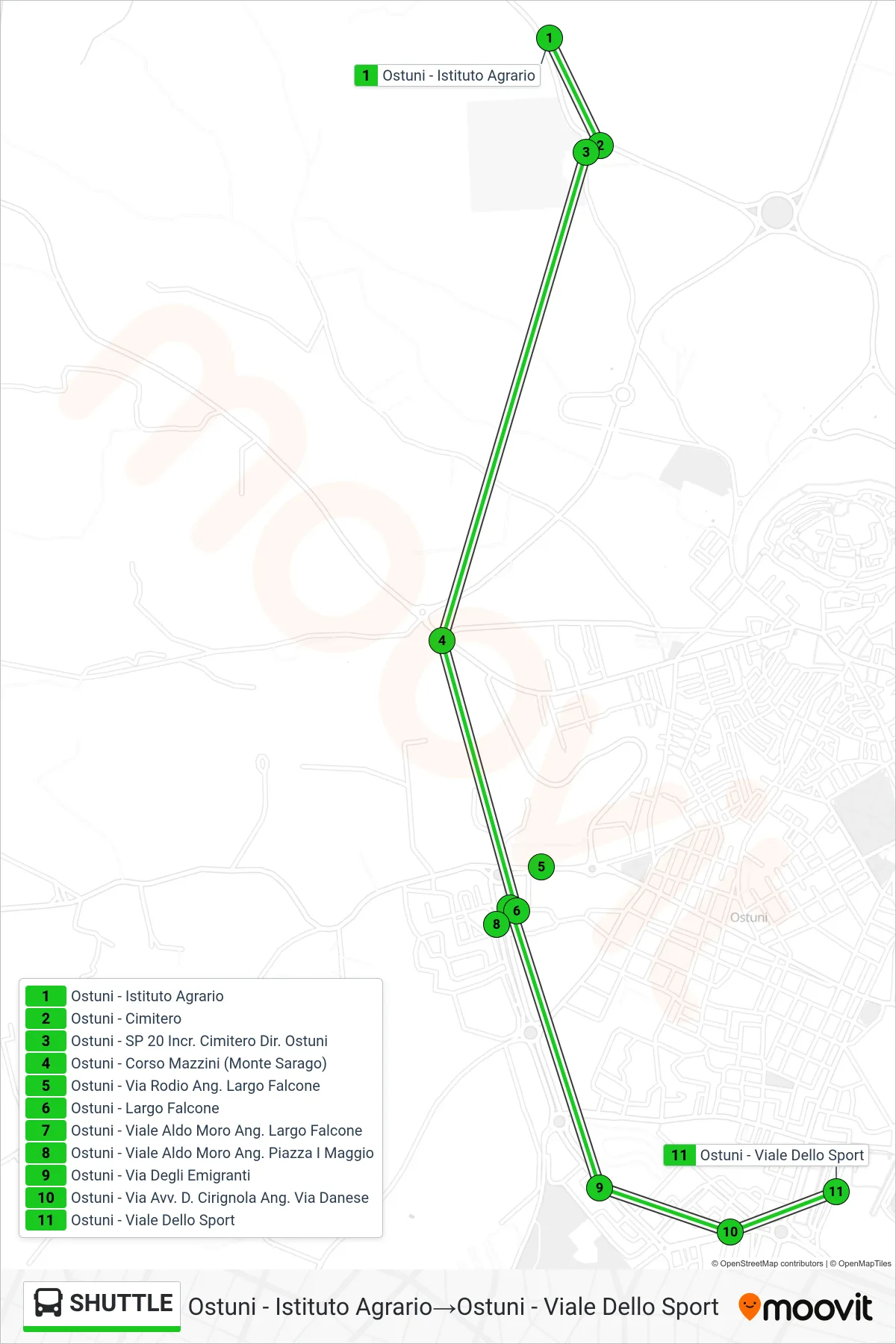 Linea SHUTTLE  bus (Ostuni - Istituto Agrario‎→Ostuni - Viale Dello Sport) - Percorsi e fermate sulla mappa