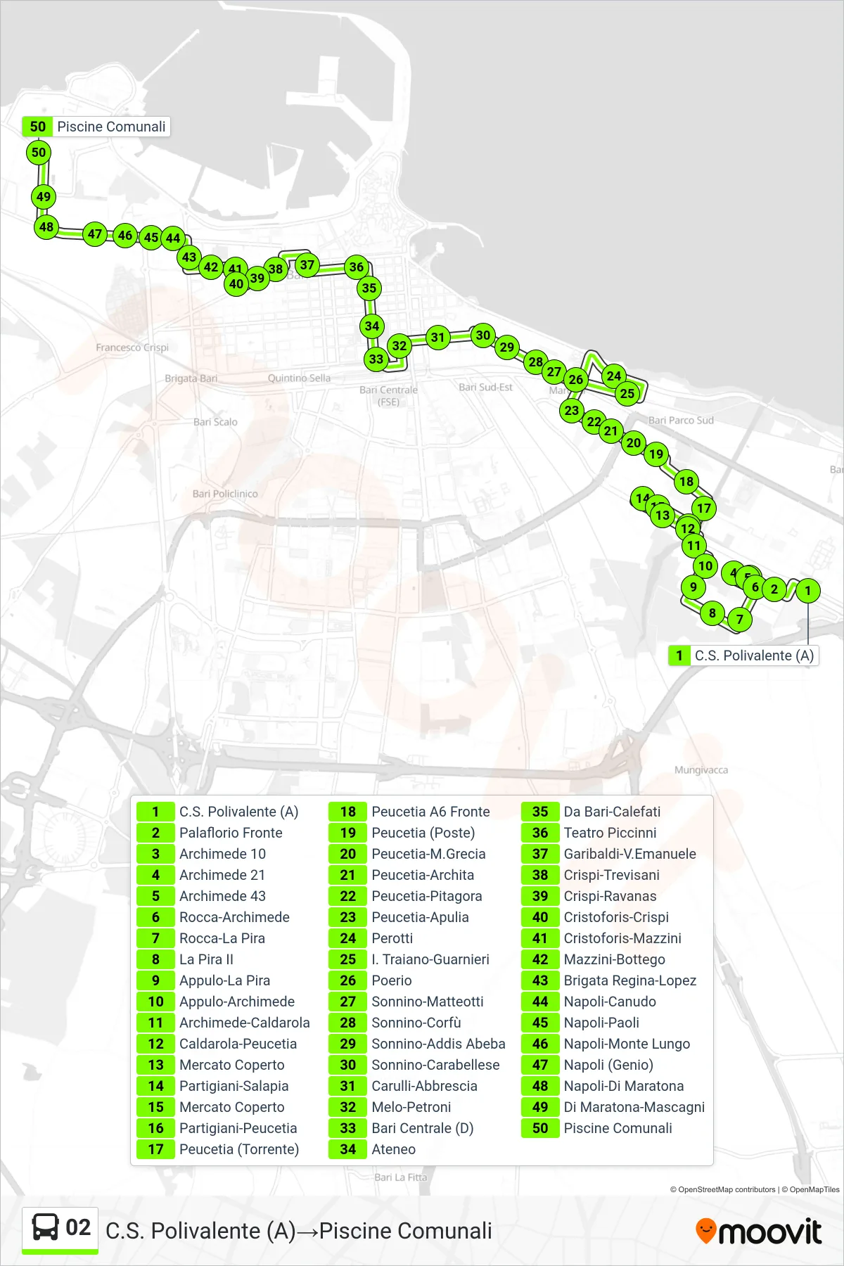 Linea 02 bus (C.S. Polivalente (A)→Piscine Comunali) - Percorsi e fermate sulla mappa