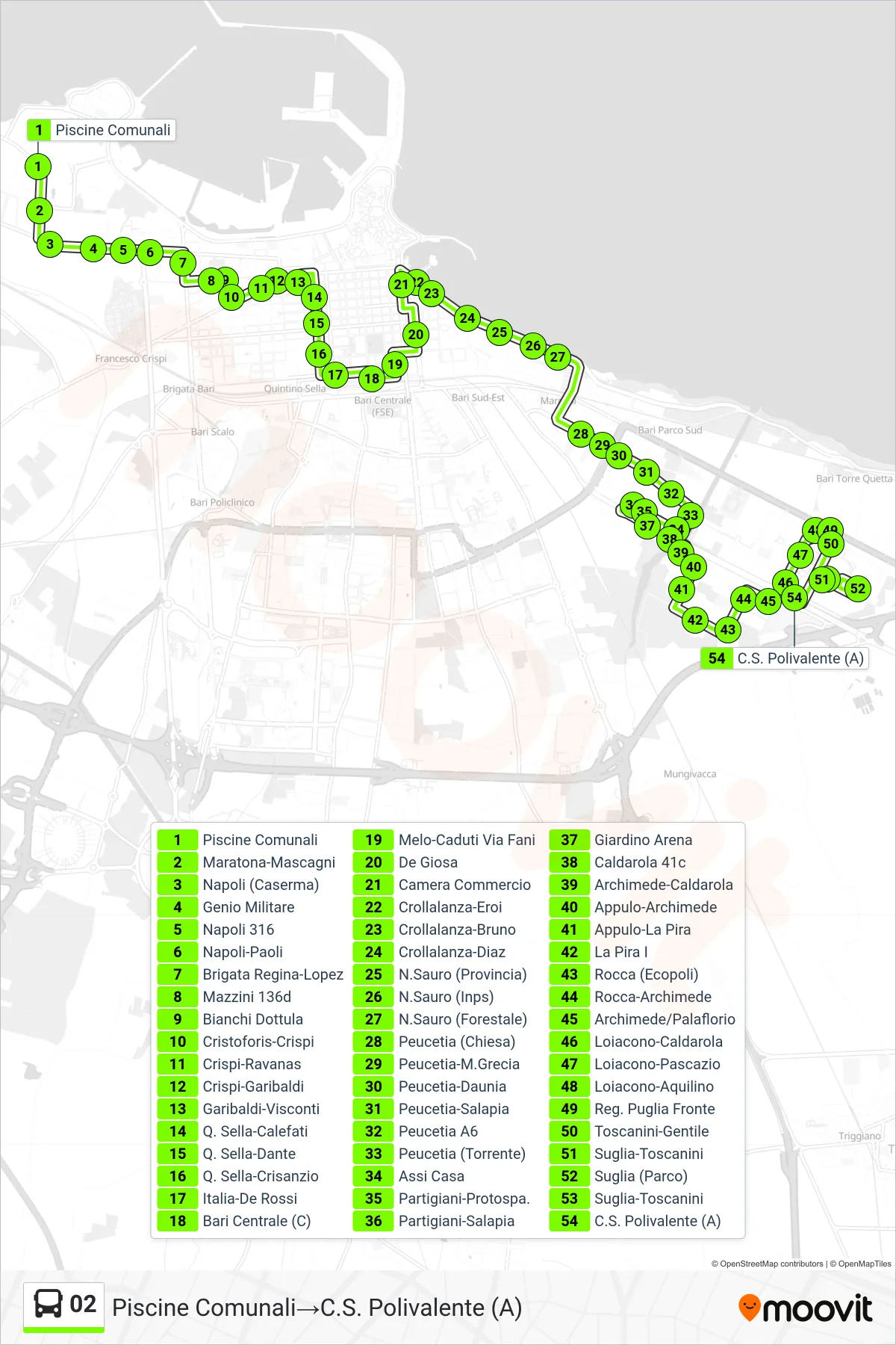 Linea 02 bus (Piscine Comunali→C.S. Polivalente (A)) - Percorsi e fermate sulla mappa