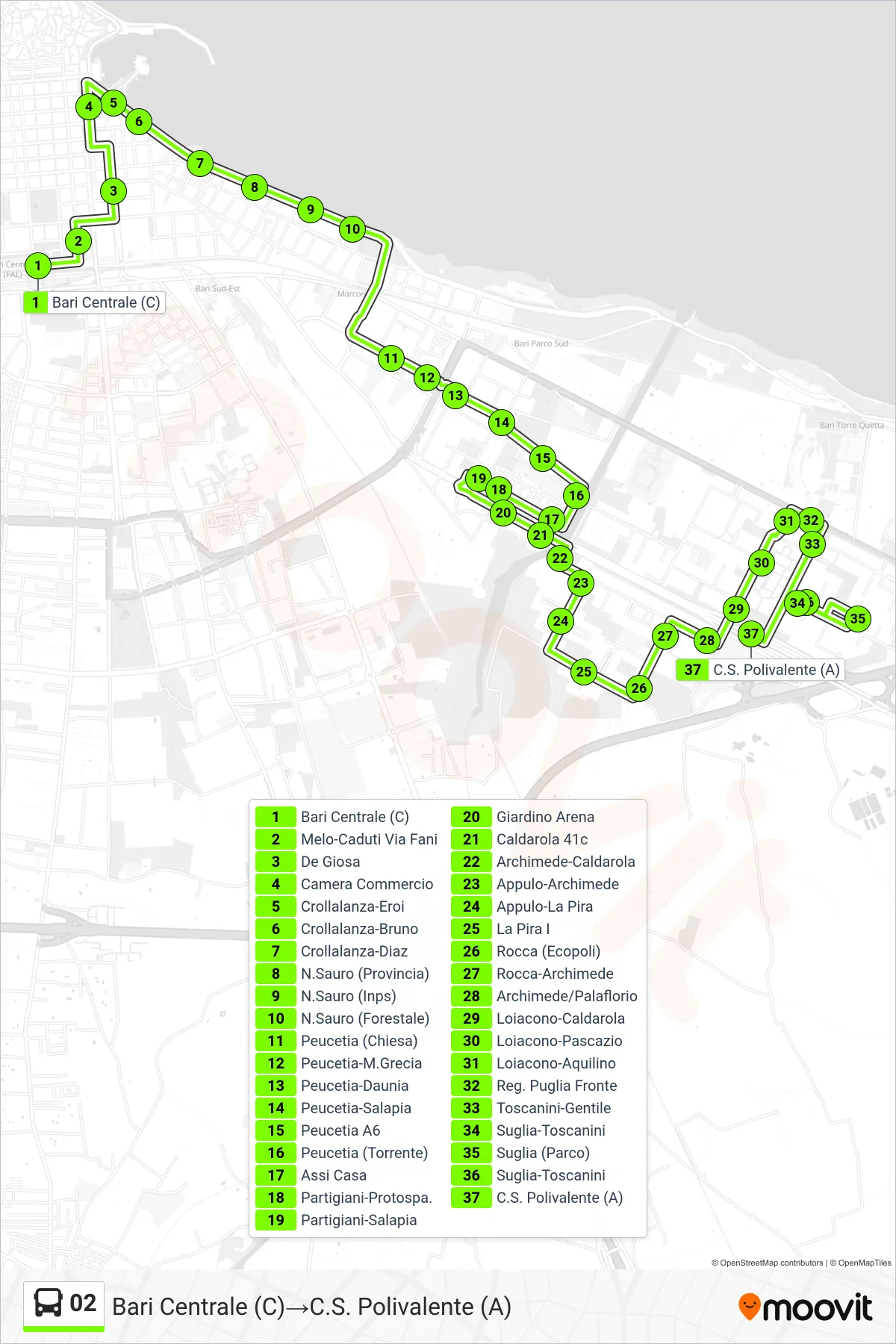 Linea 02  bus (Bari Centrale (C)‎→C.S. Polivalente (A)) - Percorsi e fermate sulla mappa