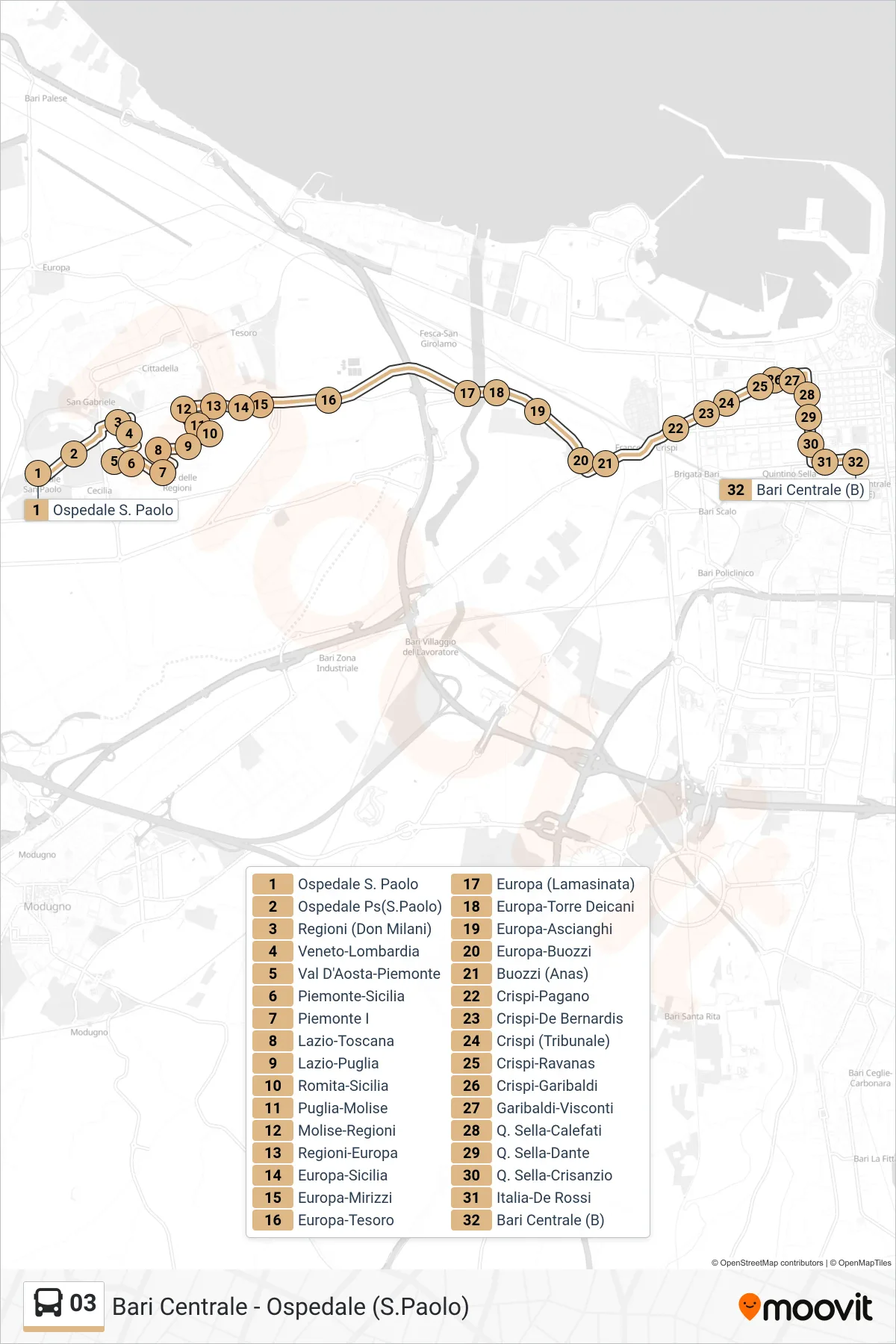 Linea 03 bus (Ospedale S. Paolo→Bari Centrale (B)) - Percorsi e fermate sulla mappa