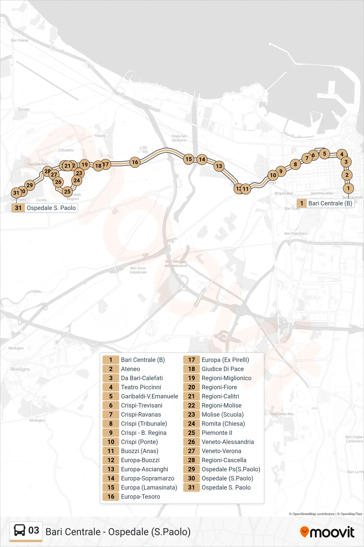 Linea 03 bus (Bari Centrale (B)→Ospedale S. Paolo) - Percorsi e fermate sulla mappa