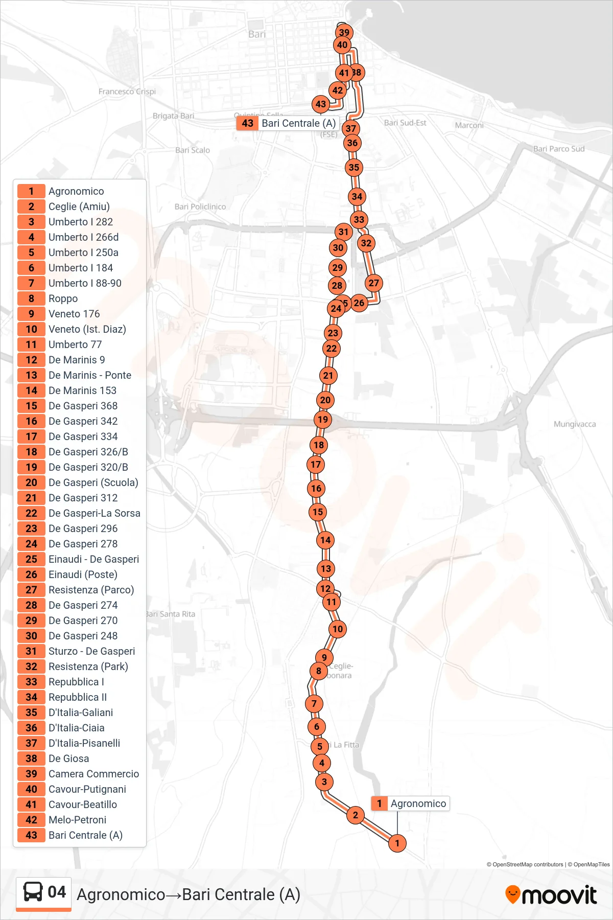 Linea 04 bus (Agronomico→Bari Centrale (A)) - Percorsi e fermate sulla mappa
