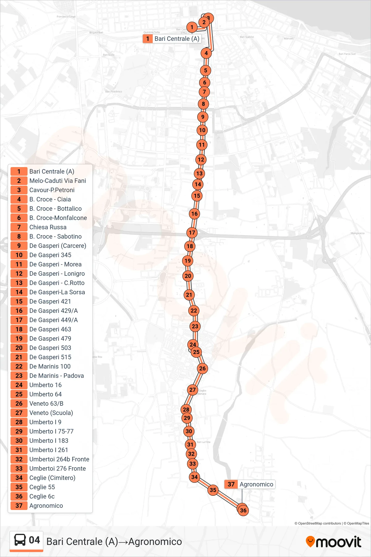 Linea 04  bus (Bari Centrale (A)‎→Agronomico) - Percorsi e fermate sulla mappa