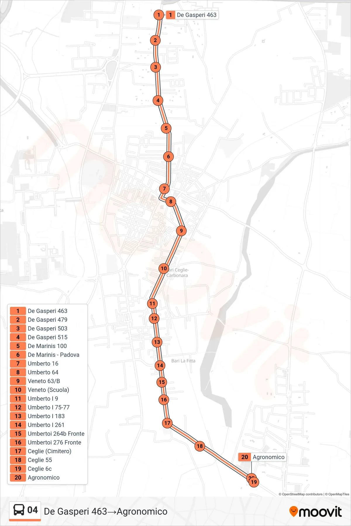 Linea 04 bus (De Gasperi 463→Agronomico) - Percorsi e fermate sulla mappa