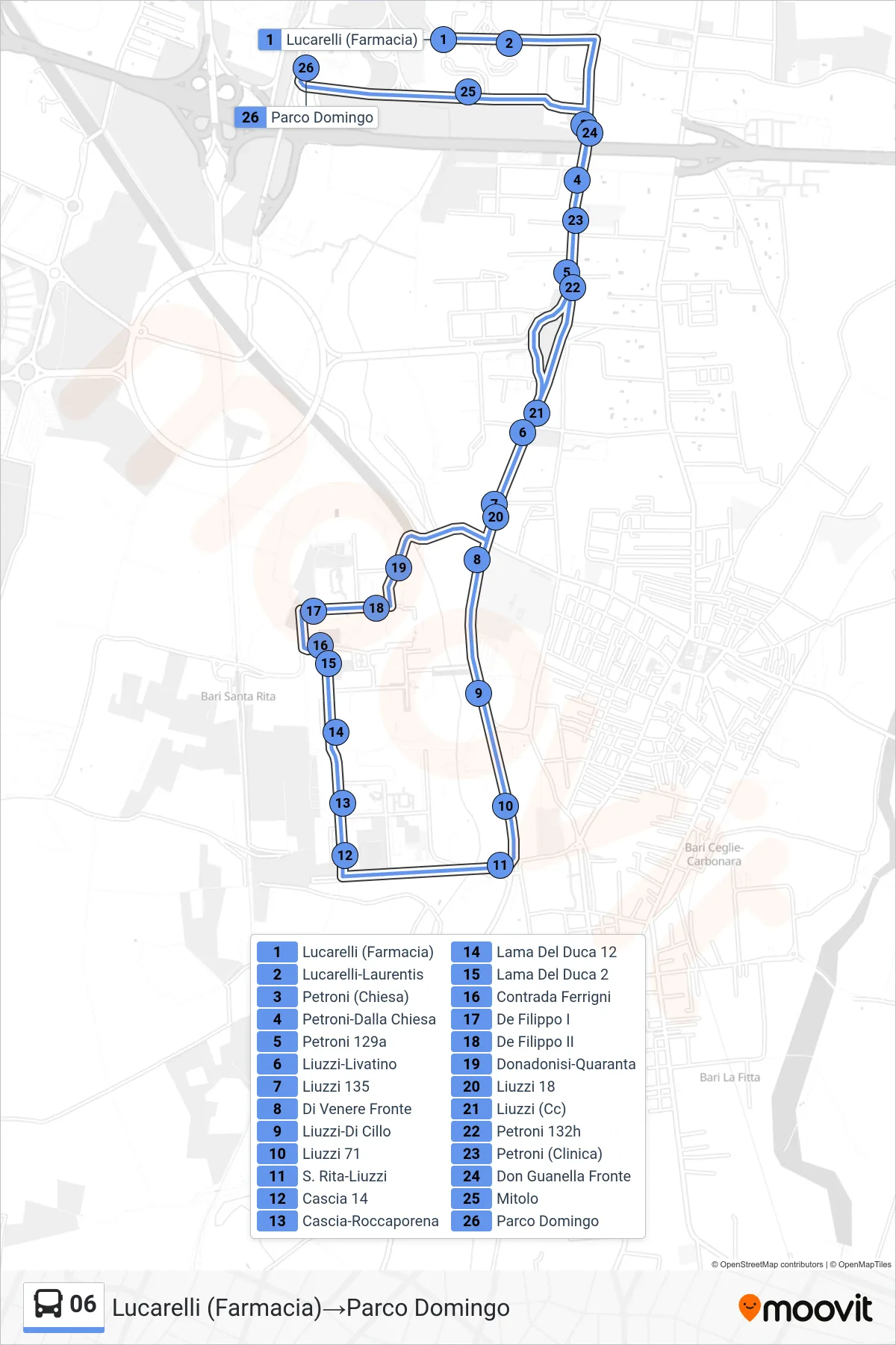 Linea 06  bus (Lucarelli (Farmacia)‎→Parco Domingo) - Percorsi e fermate sulla mappa