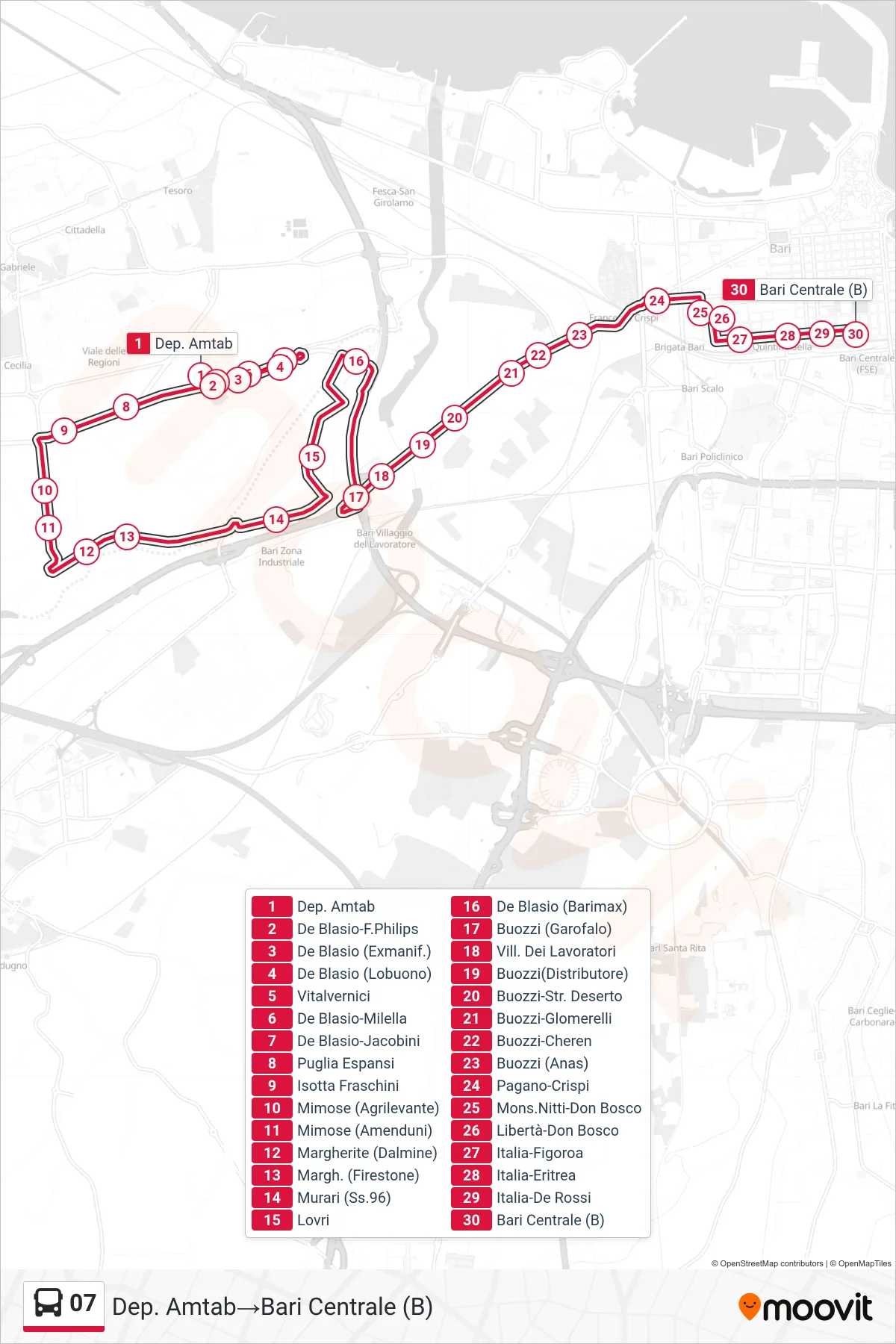 Linea 07 bus (Dep. Amtab→Bari Centrale (B)) - Percorsi e fermate sulla mappa