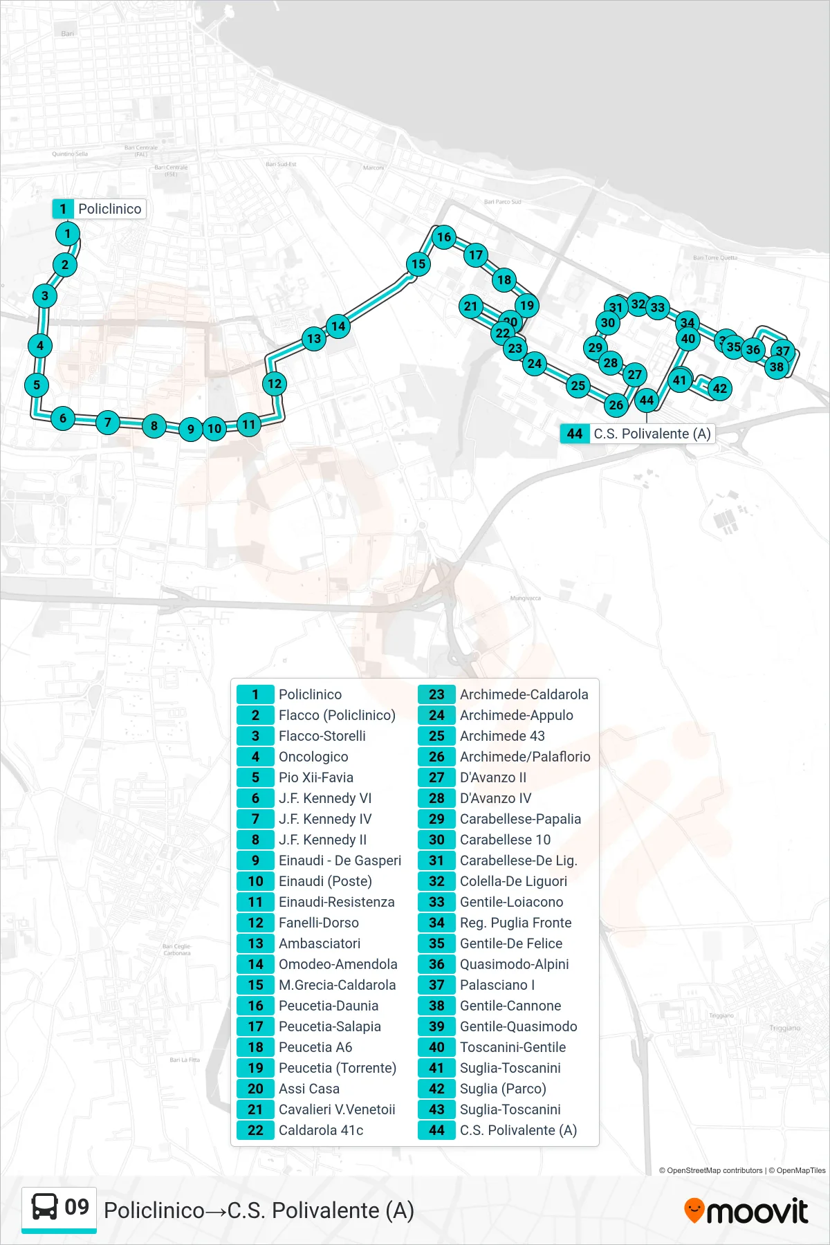 Linea 09  bus (Policlinico‎→C.S. Polivalente (A)) - Percorsi e fermate sulla mappa