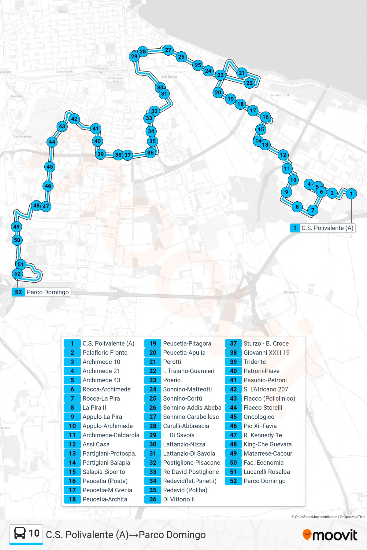 Linea 10 bus (C.S. Polivalente (A)→Parco Domingo) - Percorsi e fermate sulla mappa