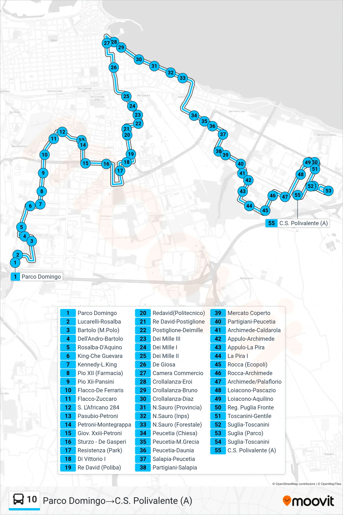 Linea 10 bus (Parco Domingo→C.S. Polivalente (A)) - Percorsi e fermate sulla mappa