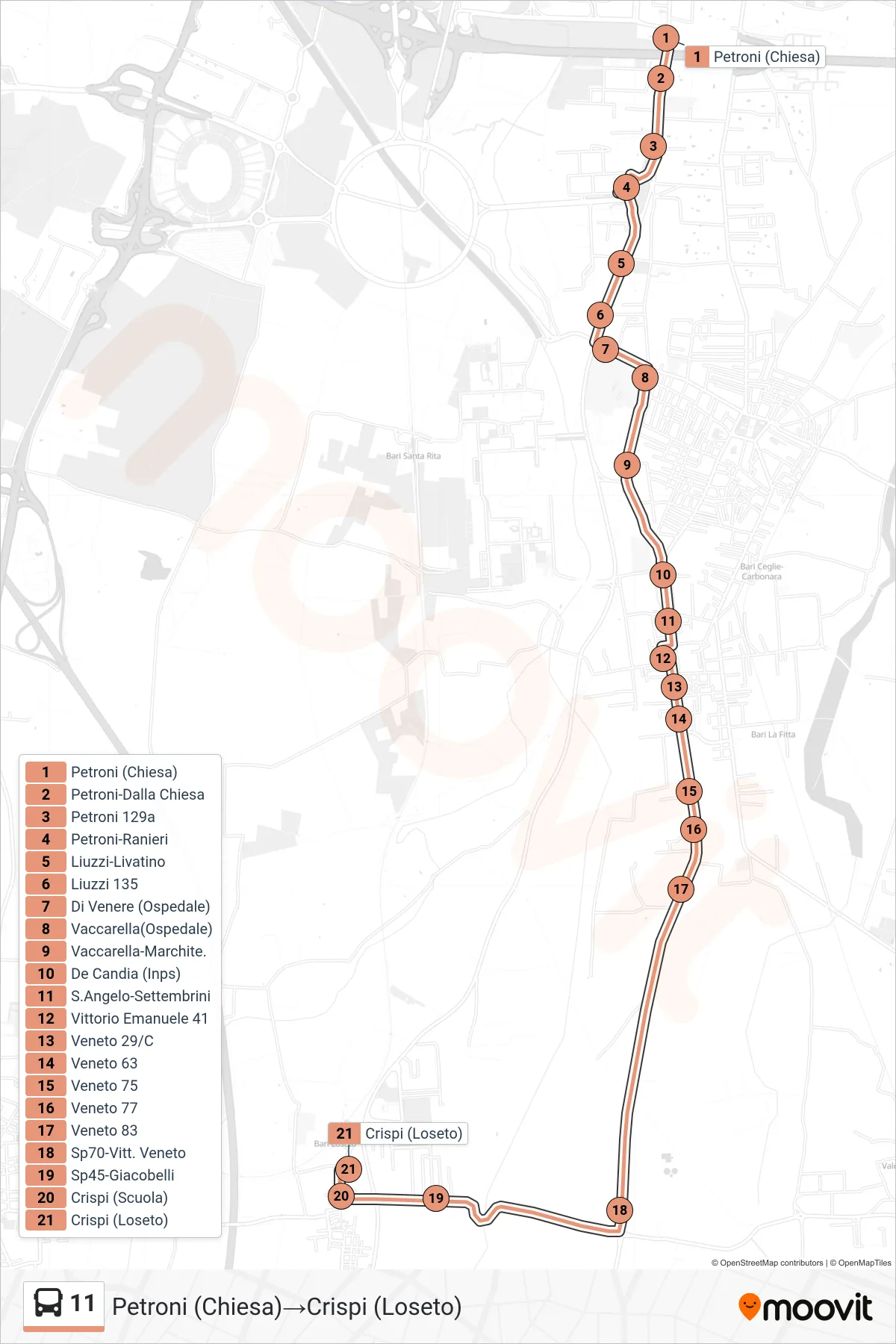 Linea 11 bus (Petroni (Chiesa)→Crispi (Loseto)) - Percorsi e fermate sulla mappa