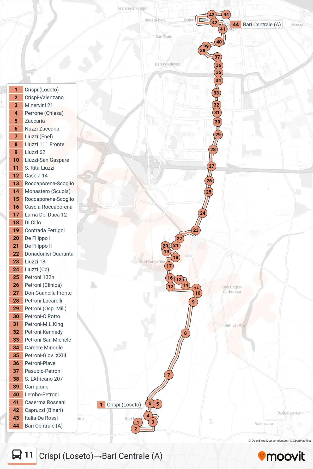 Linea 11  bus (Crispi (Loseto)‎→Bari Centrale (A)) - Percorsi e fermate sulla mappa