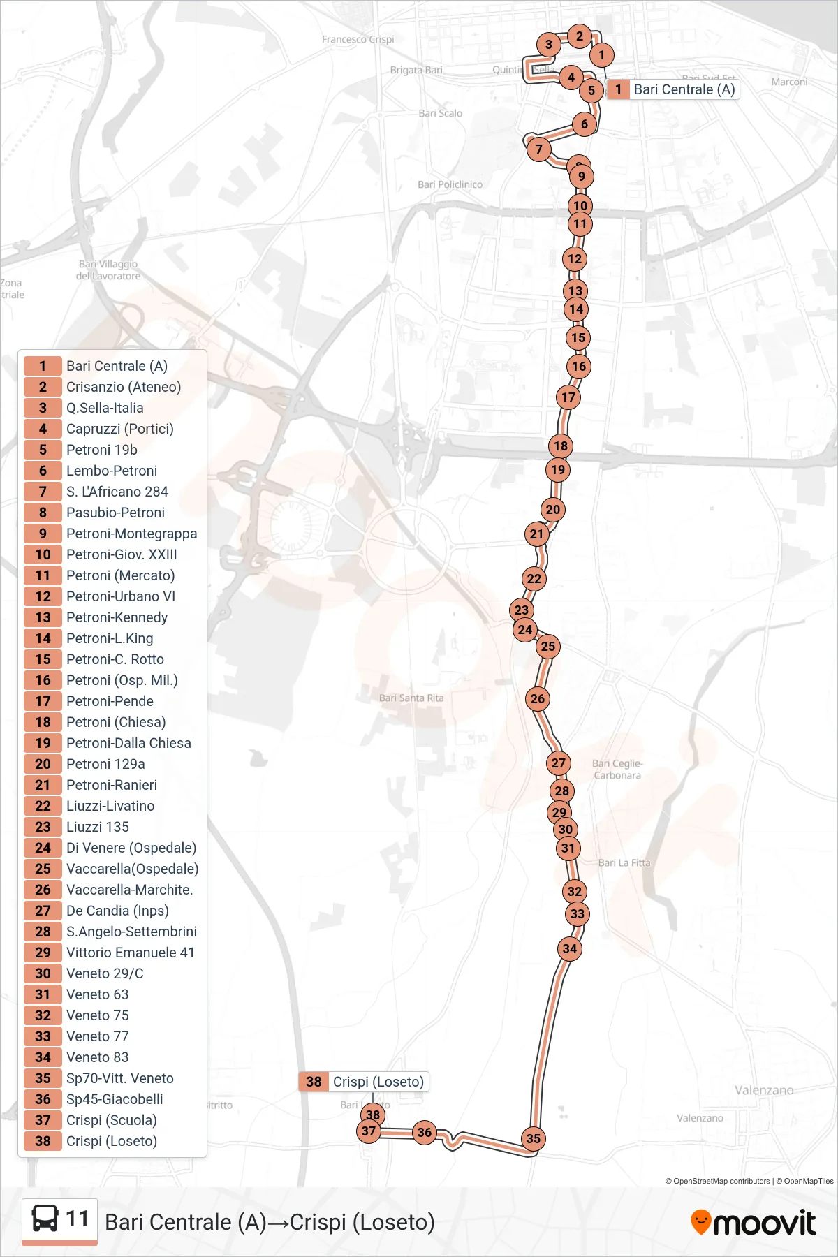 Linea 11  bus (Bari Centrale (A)‎→Crispi (Loseto)) - Percorsi e fermate sulla mappa