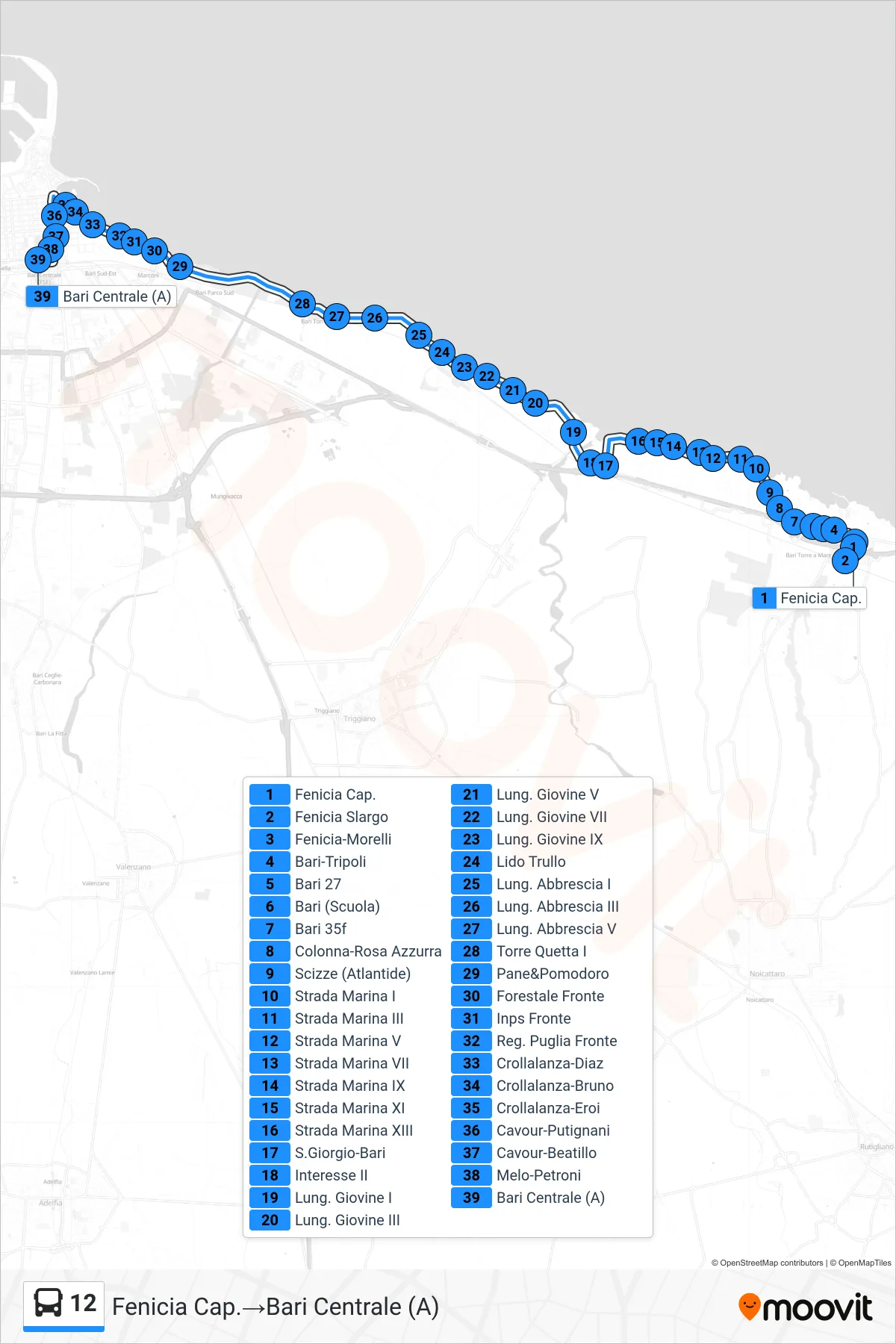 Linea 12 bus (Fenicia Cap.→Bari Centrale (A)) - Percorsi e fermate sulla mappa