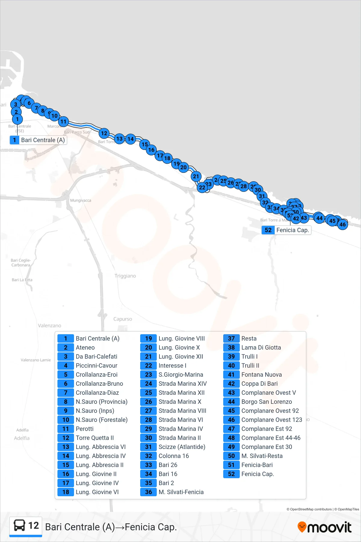 Linea 12  bus (Bari Centrale (A)‎→Fenicia Cap.) - Percorsi e fermate sulla mappa