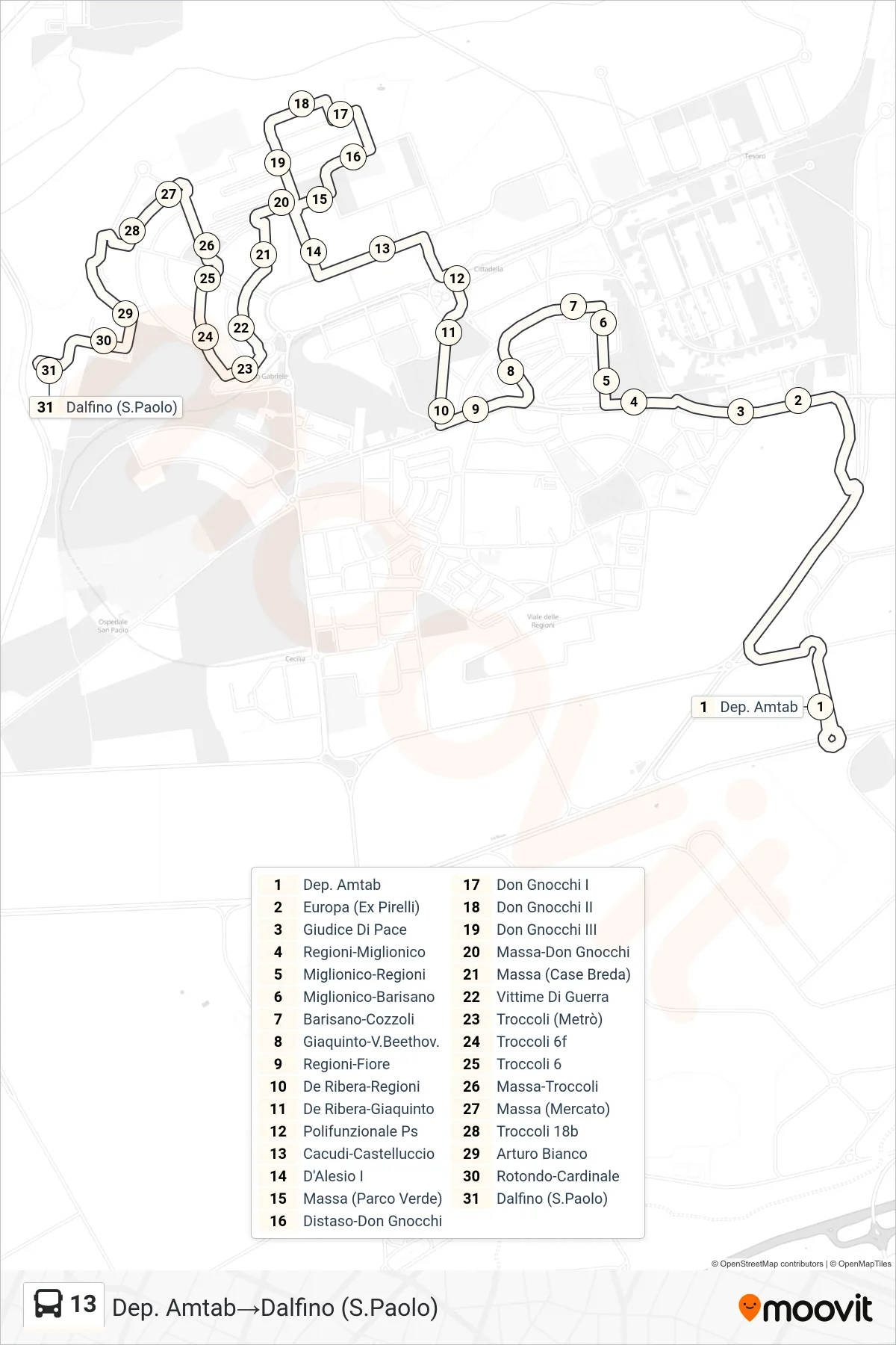 Linea 13 bus (Dep. Amtab→Dalfino (S.Paolo)) - Percorsi e fermate sulla mappa