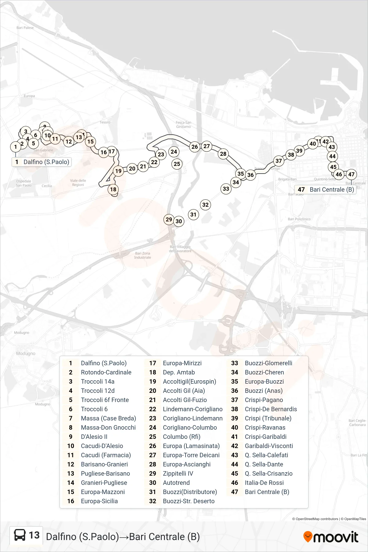 Linea 13 bus (Dalfino (S.Paolo)→Bari Centrale (B)) - Percorsi e fermate sulla mappa